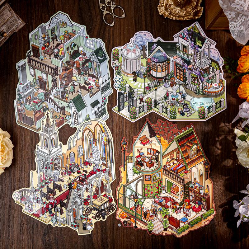 Detective Series Landscape Flat Stickers European Style Miniature Scene DIY Decompression Sticker