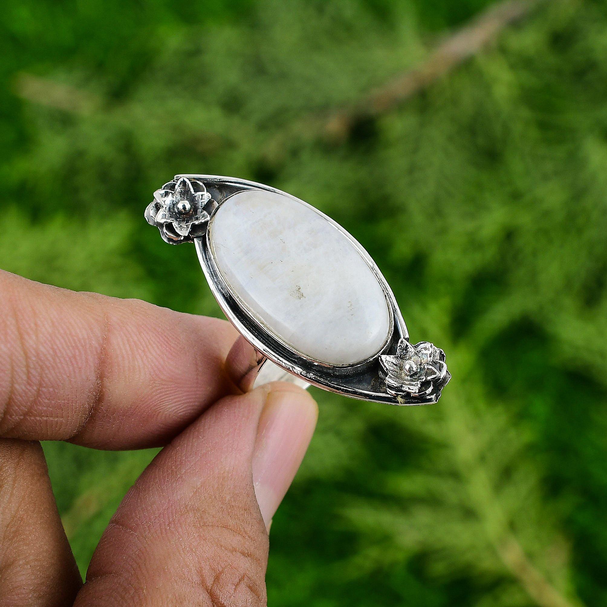 Mothers day Deal Oval Natural Rainbow Moonstone Flower Ring Jewelry 925 Silver