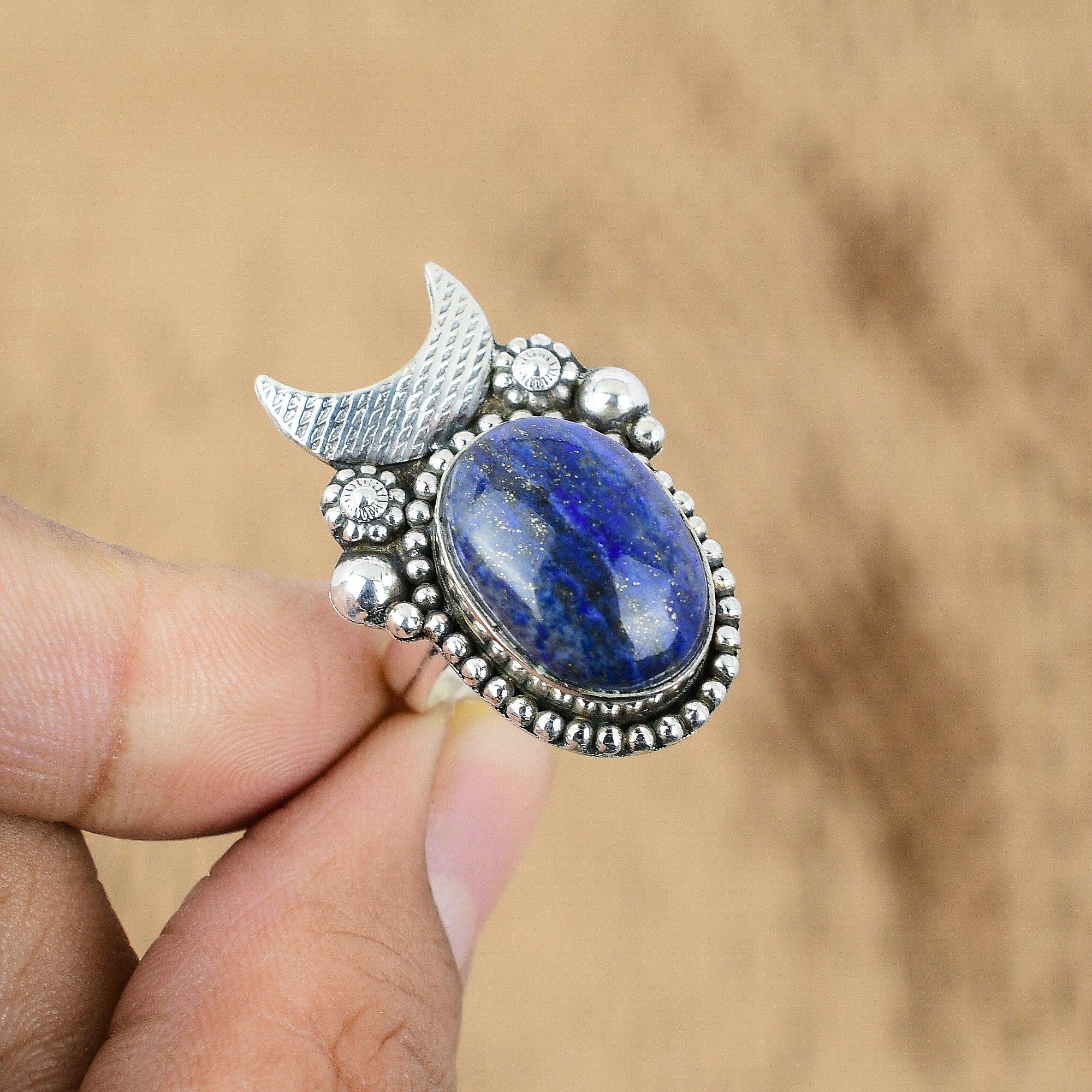 Lapis Lazuli Gemstone Cresent Moon Engagement Promise Ring Jewelry 925 Silver