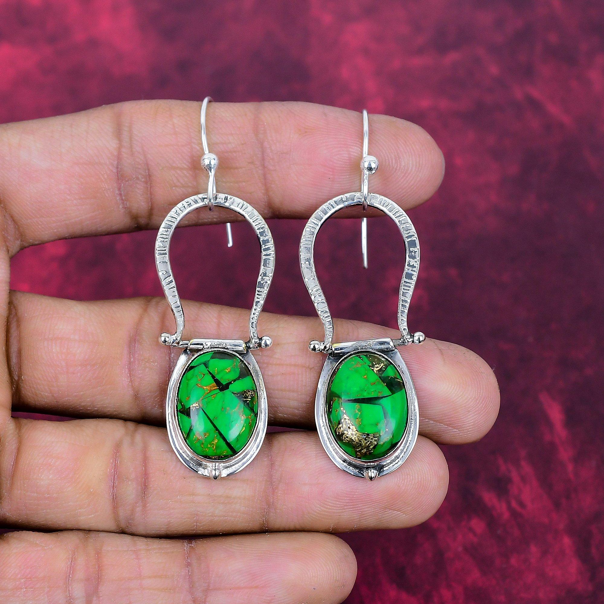 Green Copper Turquoise Earrings Gemstone Jewelry, 925 Solid Sterling Silver Handmade Earrings, Latest Design Jewelry