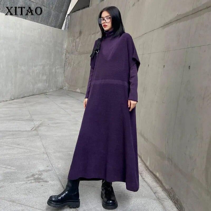 XITAO Casual Dress Women Trendy Style Turtleneck Collar Long Sleeve Fake Two Pieces ZY2310