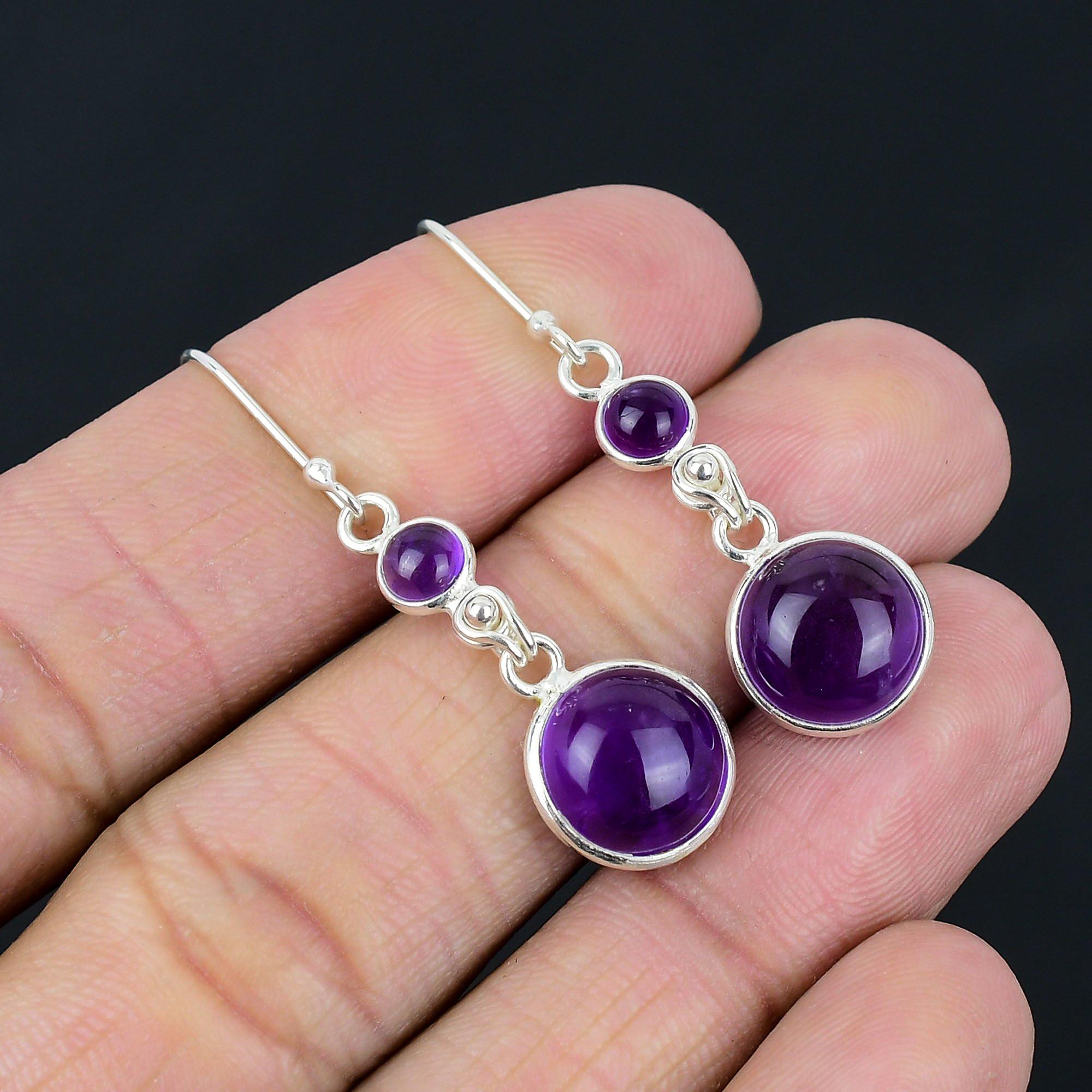 Boucles d'oreilles en pierres précieuses d'améthyste naturelle, argent sterling 925, bijoux en pierres précieuses violettes, boucles d'oreilles pendantes faites à la main, cadeau de bijoux pour la Saint-Valentin