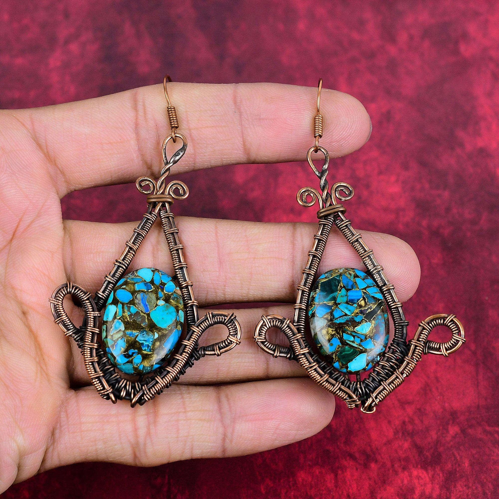 Copper Chrysocolla Earring Copper Wire Wrapped Earring Handmade Gemstone Earrings Copper Jewelry Gifts for Wife Dangle Earring Wire Jewelry