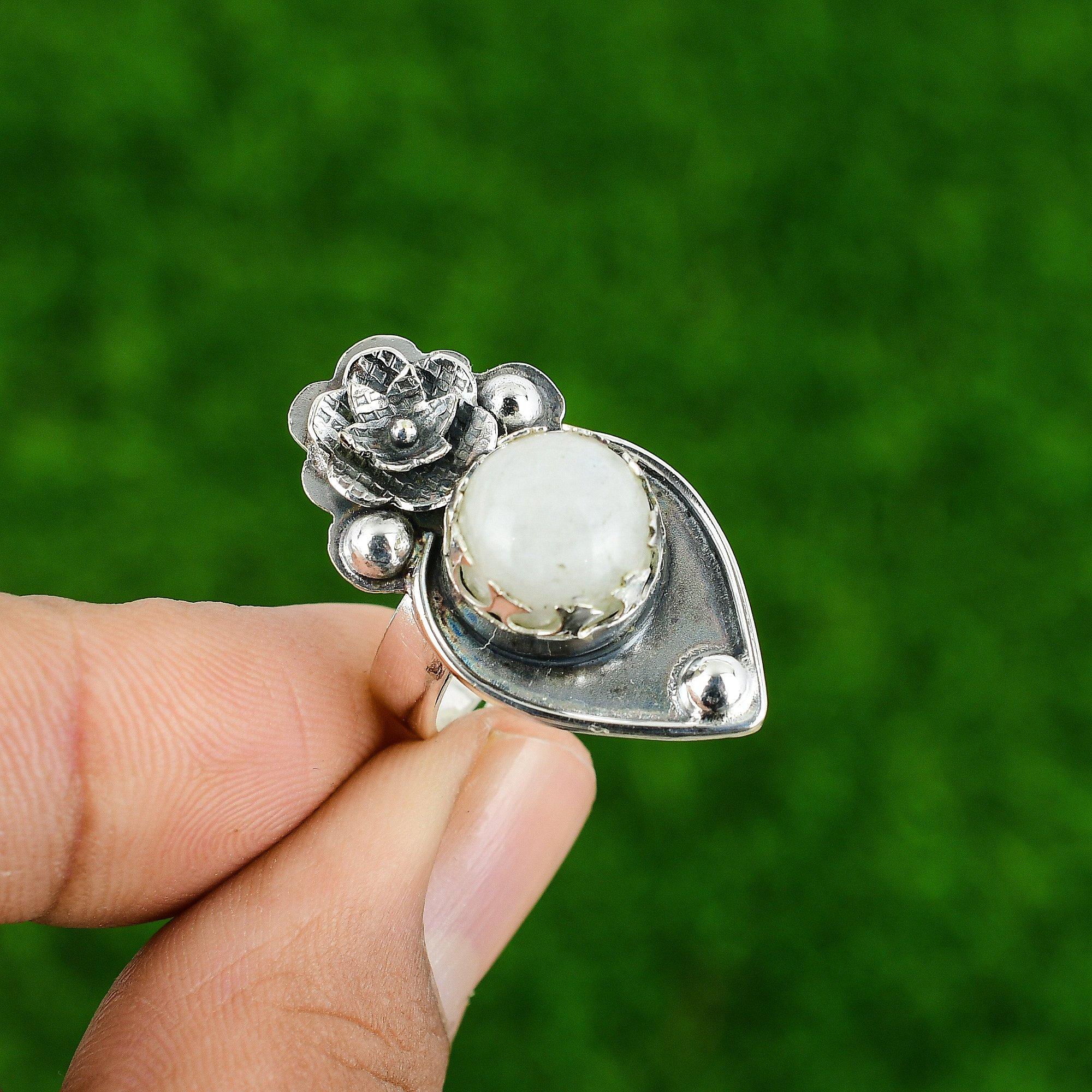 Gift For Her 925 Silver Natural Rainbow Moonstone Promise Flower Adjustable Ring