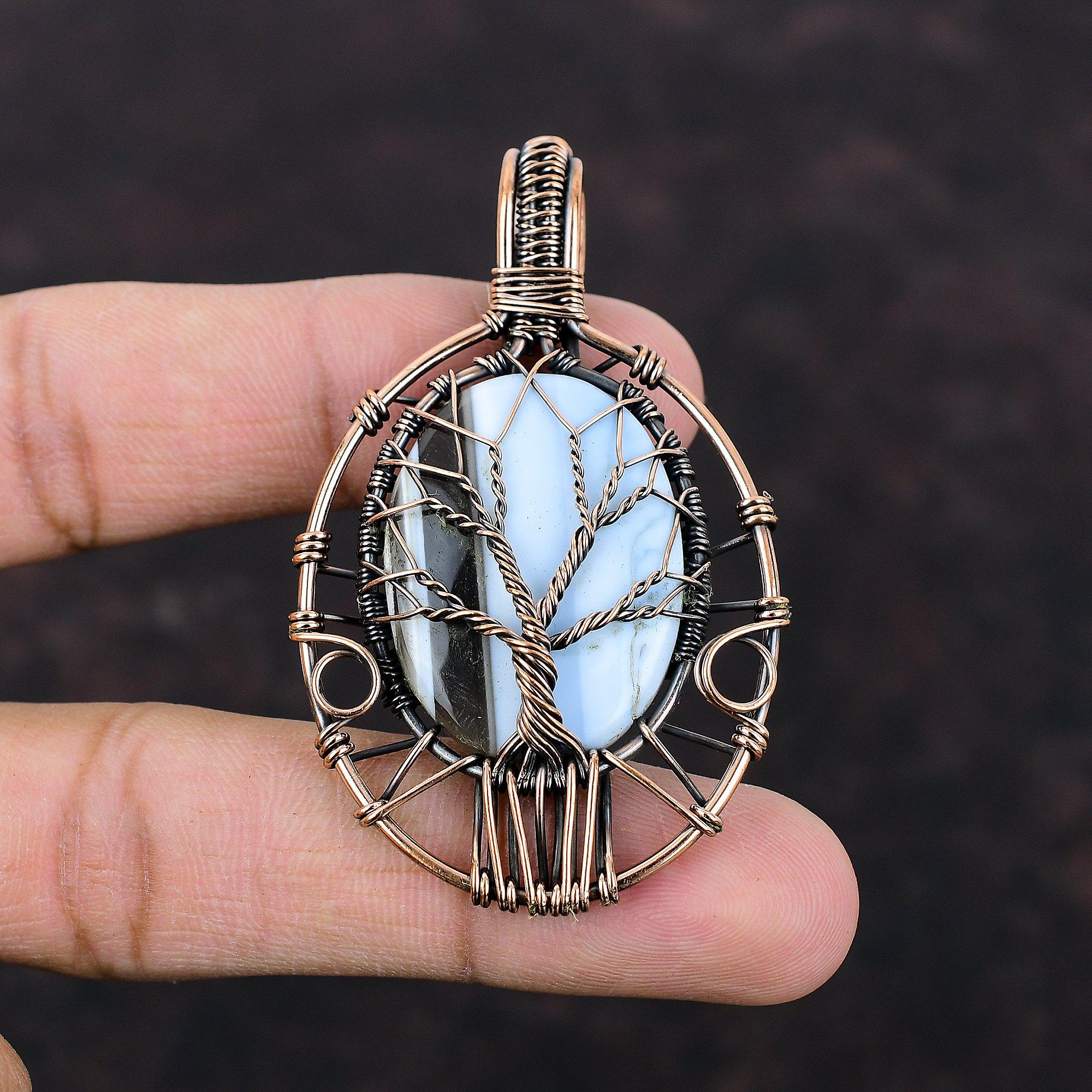 Tree Of Life Owyhee Blue Opal Pendant Copper Wire Wrapped Gemstone Pendant Handmade Pendant Copper Wire Jewelry Ethnic Pendant Gift For Him