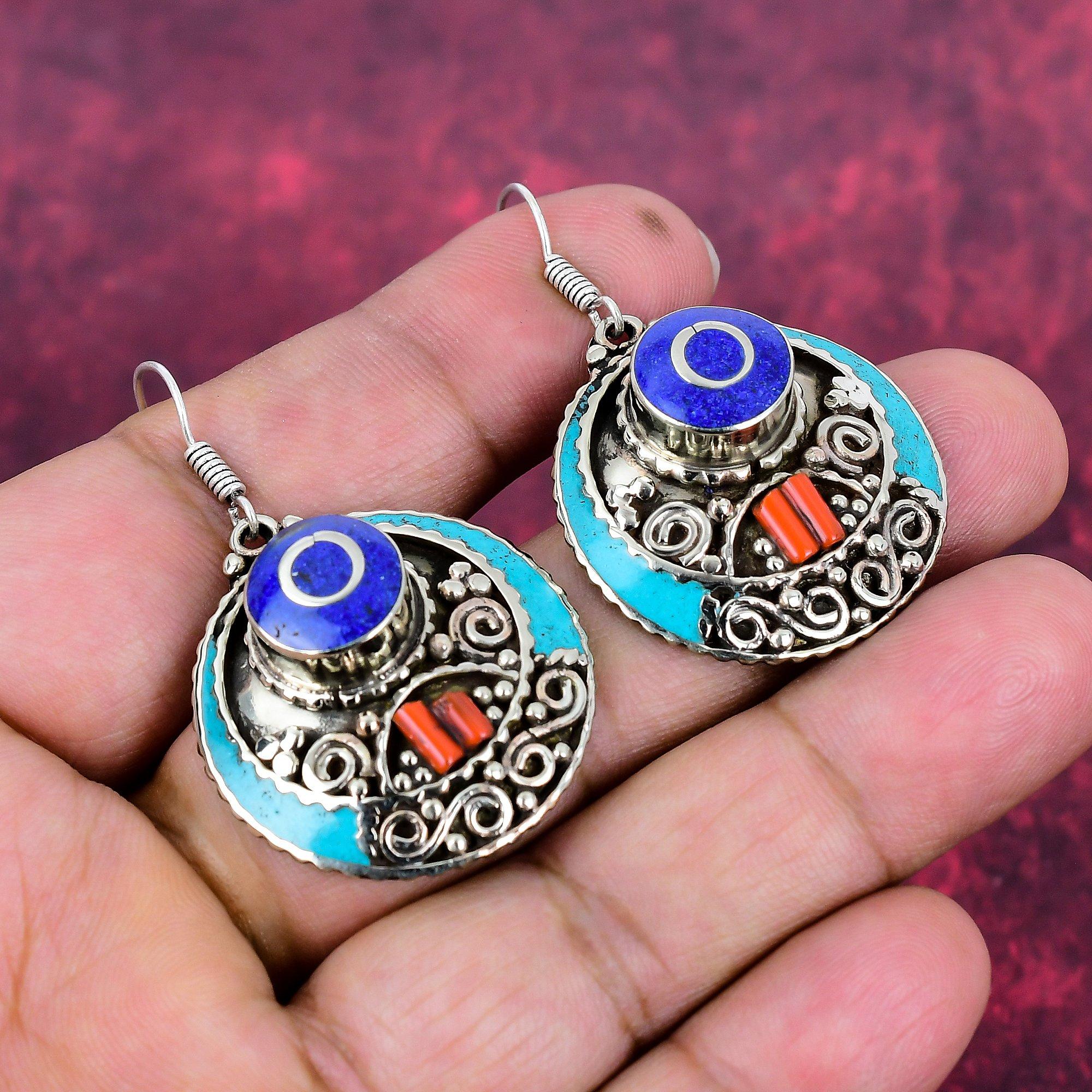 Turquoise, Lapis Lazuli & Coral Earrings, 925 Solid Sterling Silver Gemstone Jewelry, Handmade Earrings, For Thanksgiving
