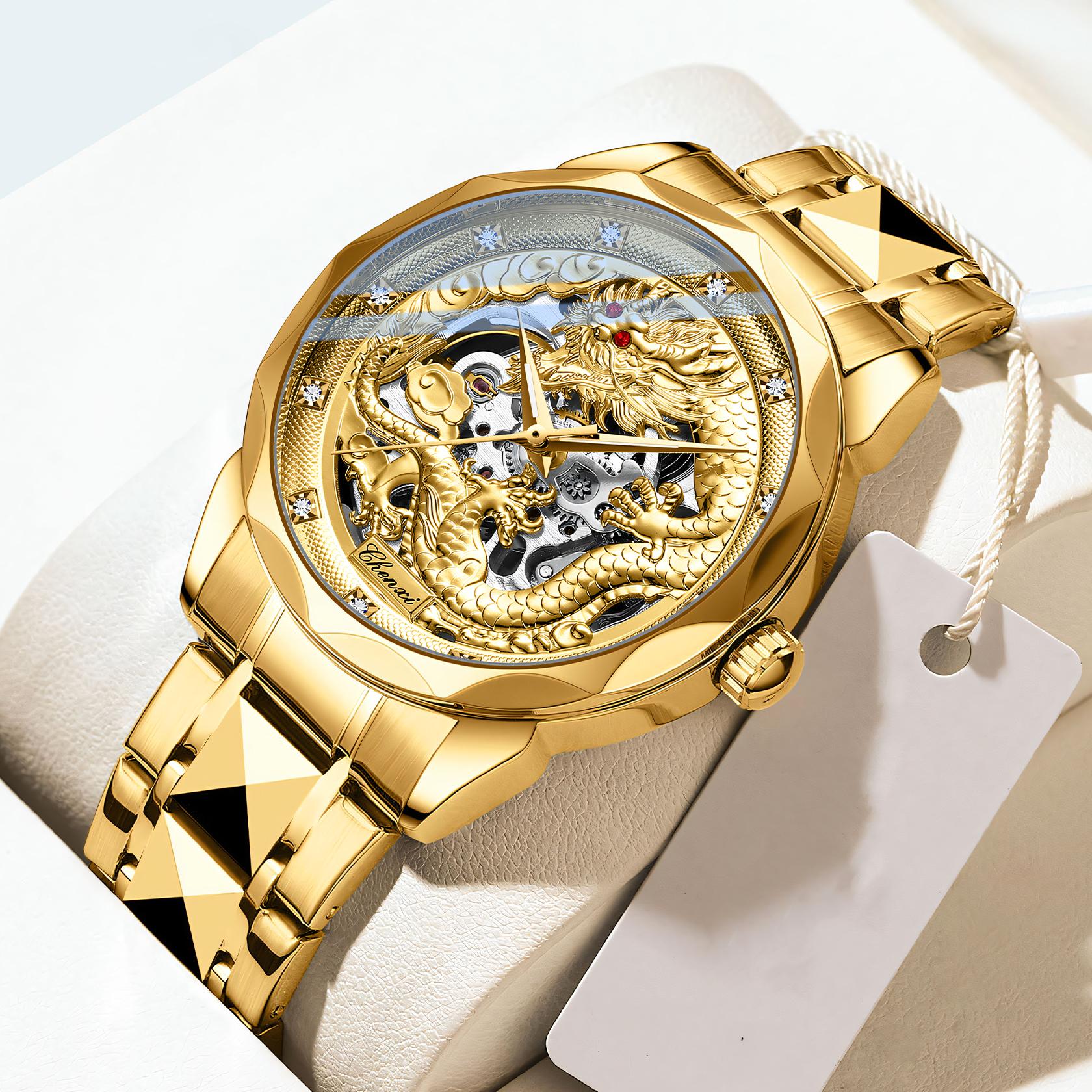 Gold 3D Dragon Dial Watches for Men Luxury Automatic Mechanical Watch Stainless Steel Strap Hollow-carved Wristwatches
