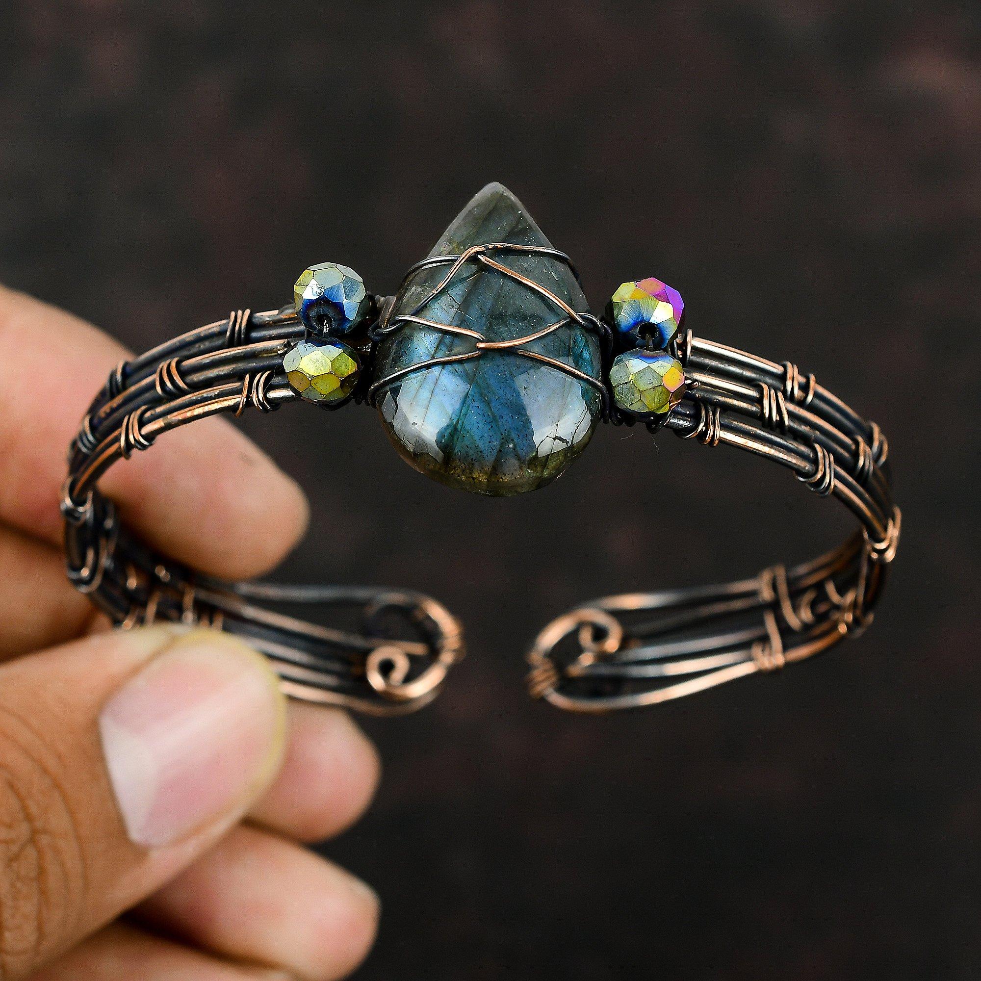 Wire Wrapped Labradorite Cuff Titanium Beads Bracelet Copper Wire Wrapped Jewelry Adjustable Cuff Bracelet Gemstone Jewelry Handmade Bangle