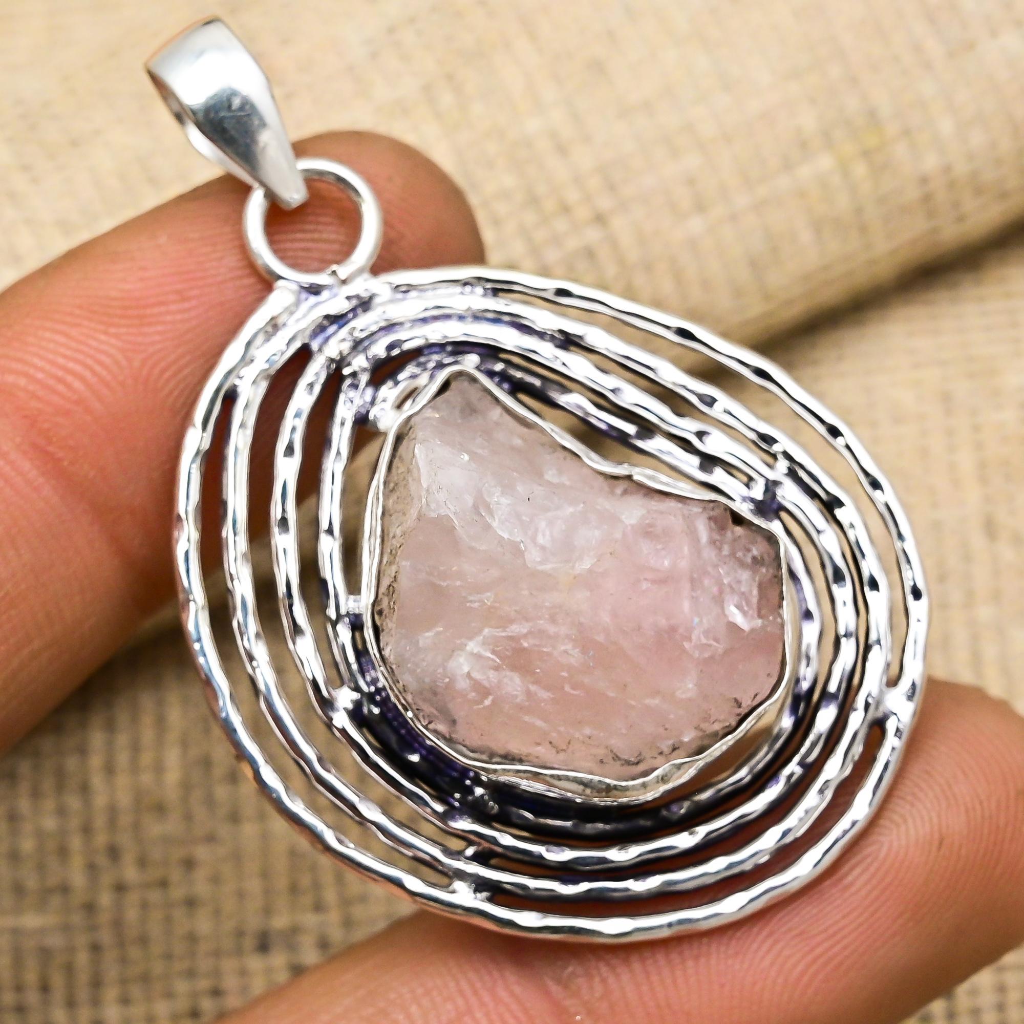 Rough Rose Quartz Gemstone Jewelry Handmade 925 Sterling Silver Adorable Pendant For Love