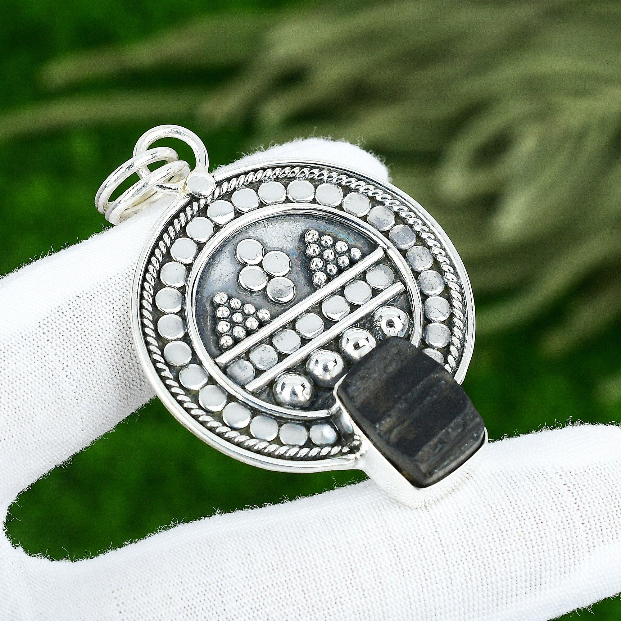 Friendship Day Sale 925 Silver Radiant Black Tourmaline Rough Stone Wife Pendant