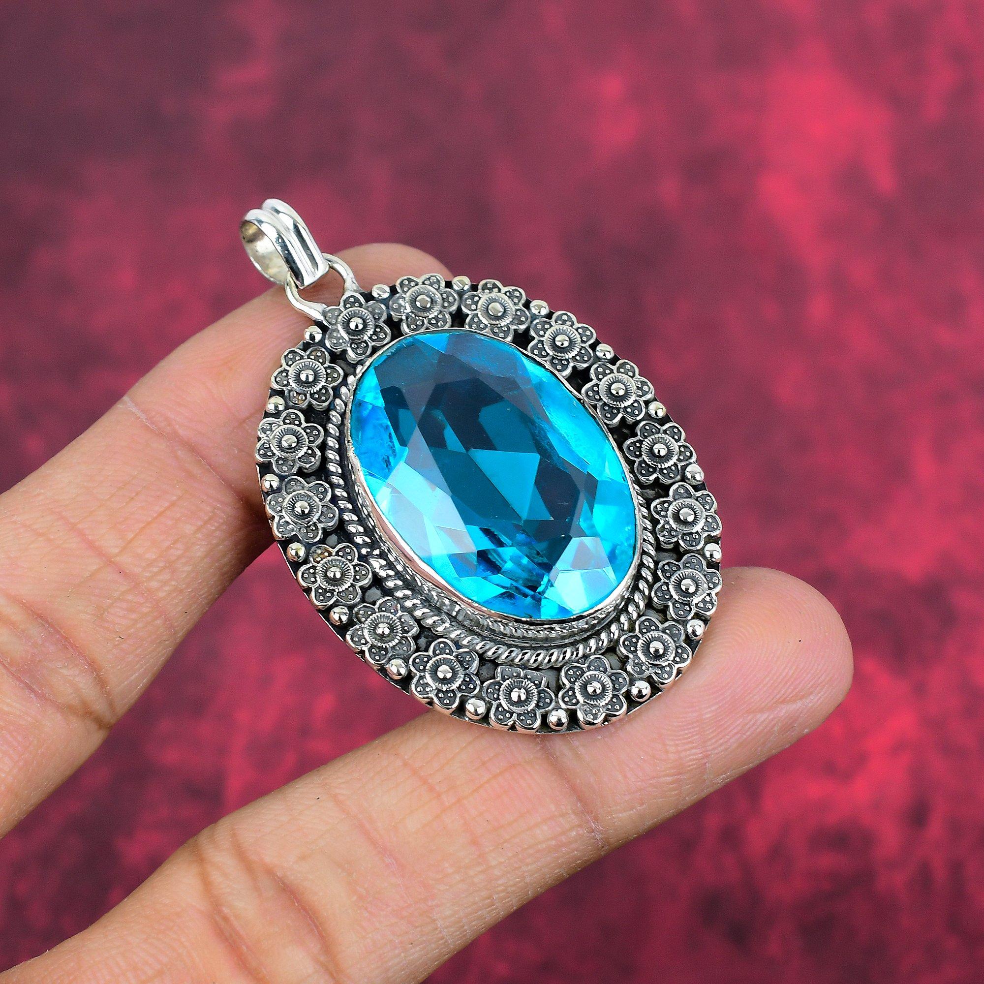 Blue Topaz 925 Solid Sterling Silver Jewelry, Handmade Gorgeous Silver Pendant, Beautiful Designer Pendant For Women Gift