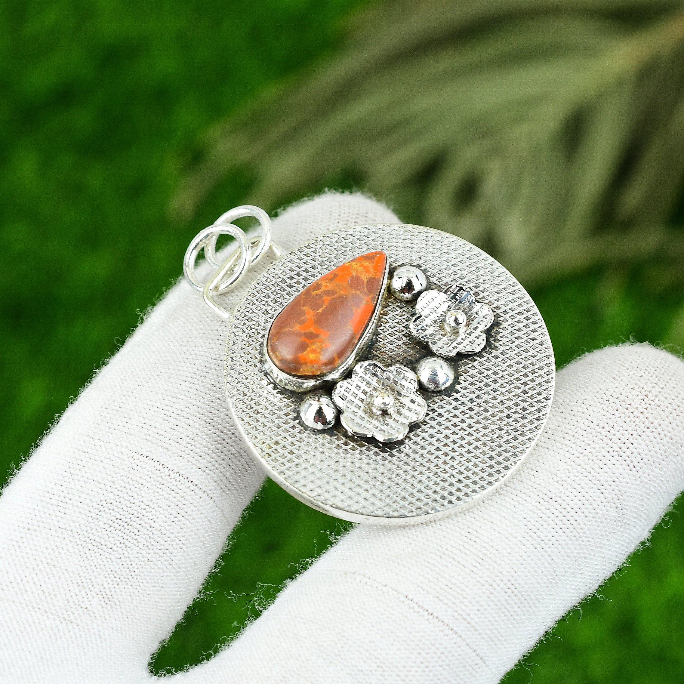 Natural Orange Turquoise Gemstone Jewelry 925 Sterling Silver Pendant For Women