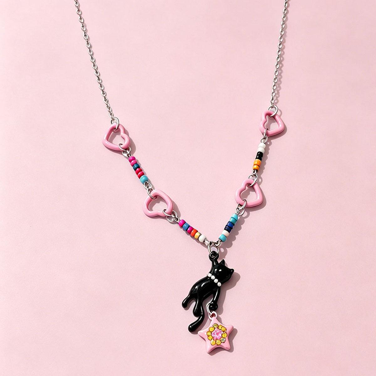 Cat Stealing Stars Pink Star Beaded Fashion Necklace Women Summer Dopamine Y2K Hot Girl Style Collarbone Chain Neck Chain