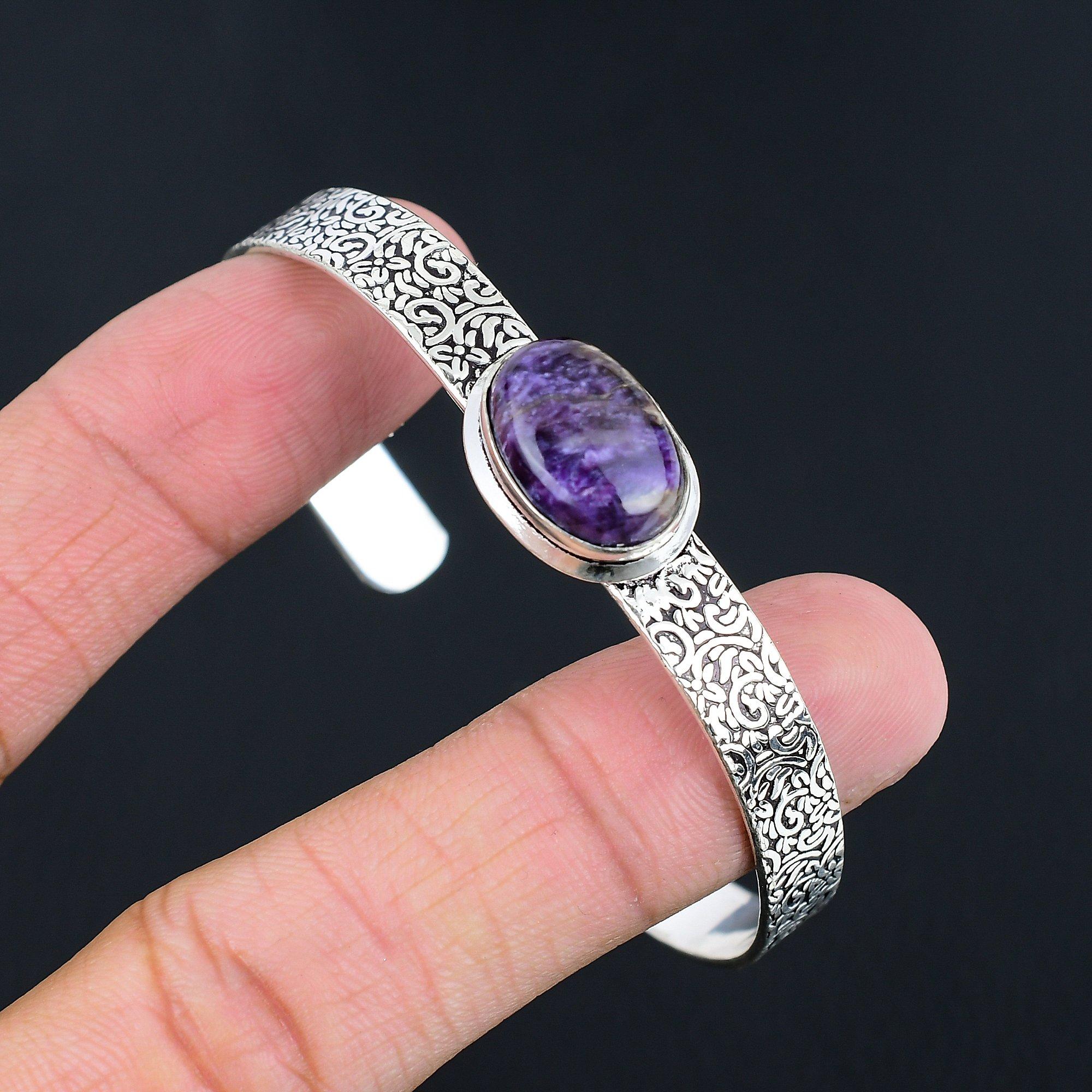 Sisters Day Sale Oval Charoite Gemstone Boho Bangle Jewelry 925 Sterling Silver