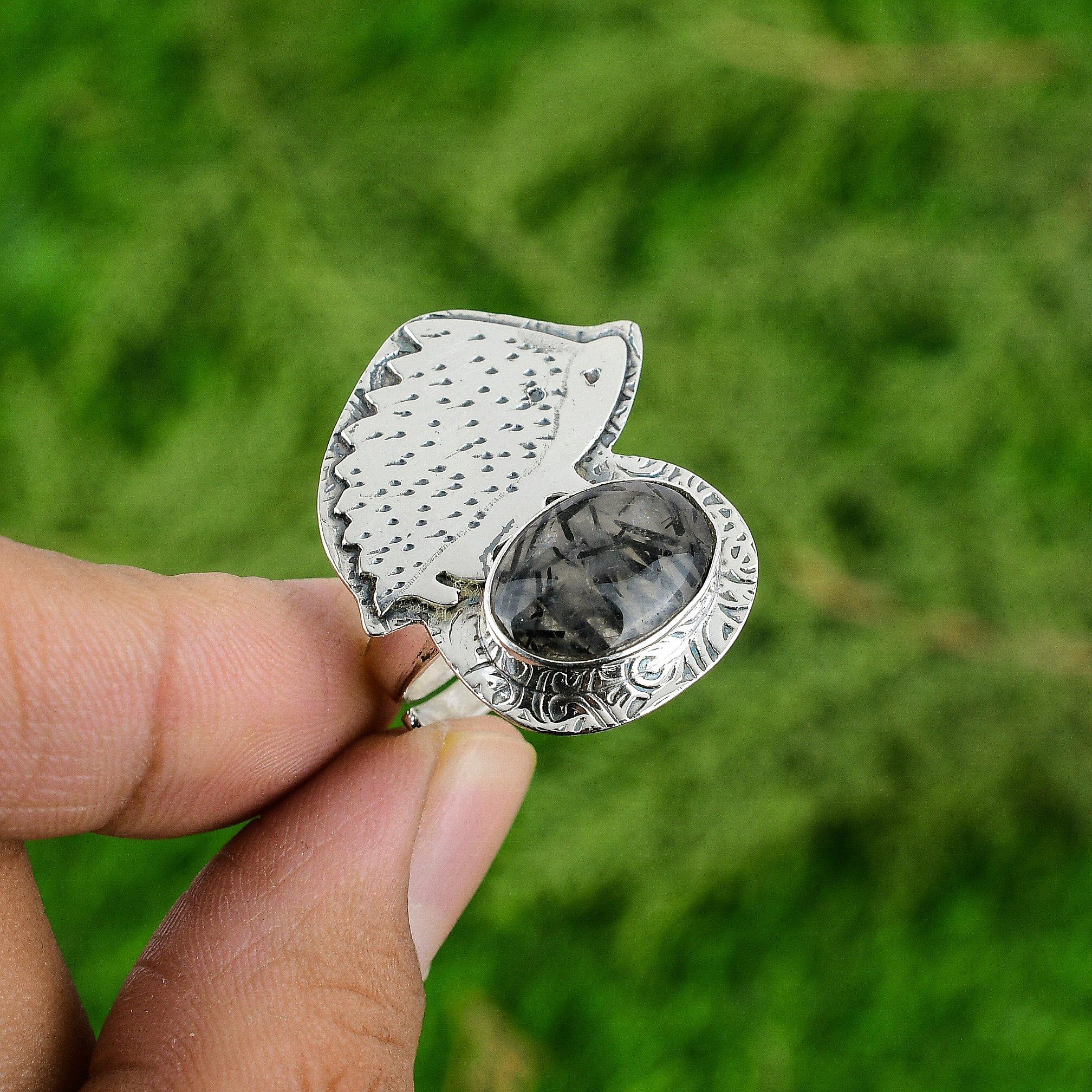 Black Rutilated Quartz Gemstone 925 Sterling Silver Wife Statement Ring Jewelry