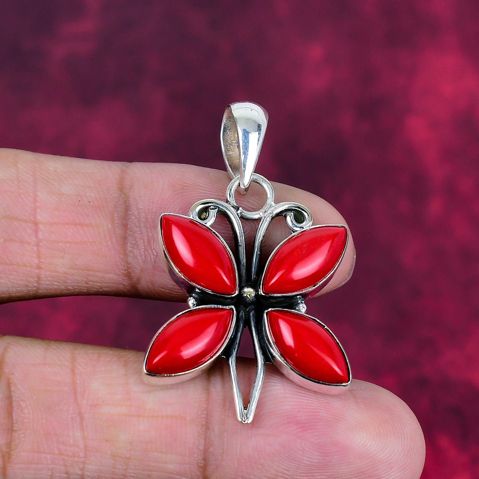 Red Coral Handmade Gemstone Pendant, 925 Solid Sterling Silver Pendant Antique Jewelry, For Engagement Gift