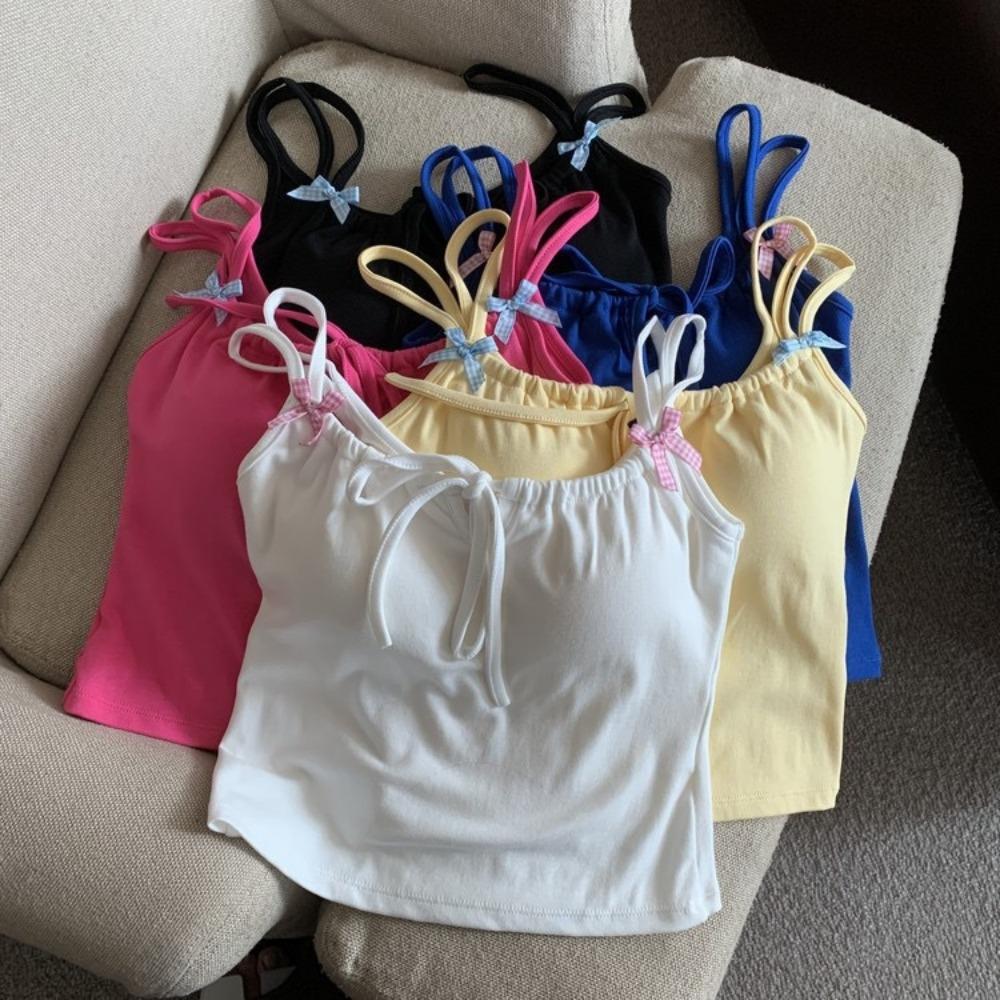 Chest Pad Tank Top Halter Crop Tops Women Summer Bow Camis Backless Camisole Fashion Tube Lady Sleeveless Cropped Vest
