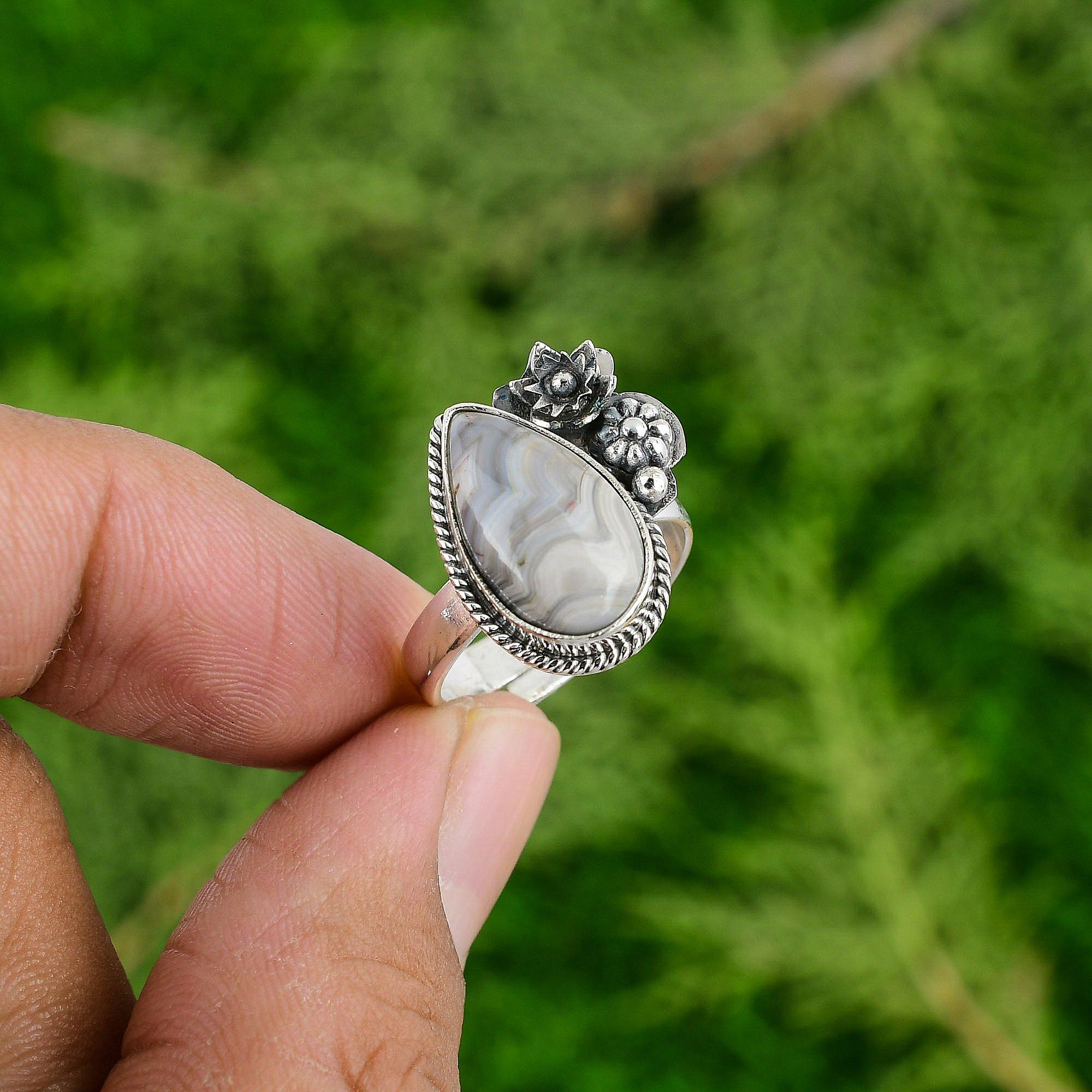 Botswana Agate Gemstone 925 Silver Flower Mother Wedding Stackable Ring Jewelry