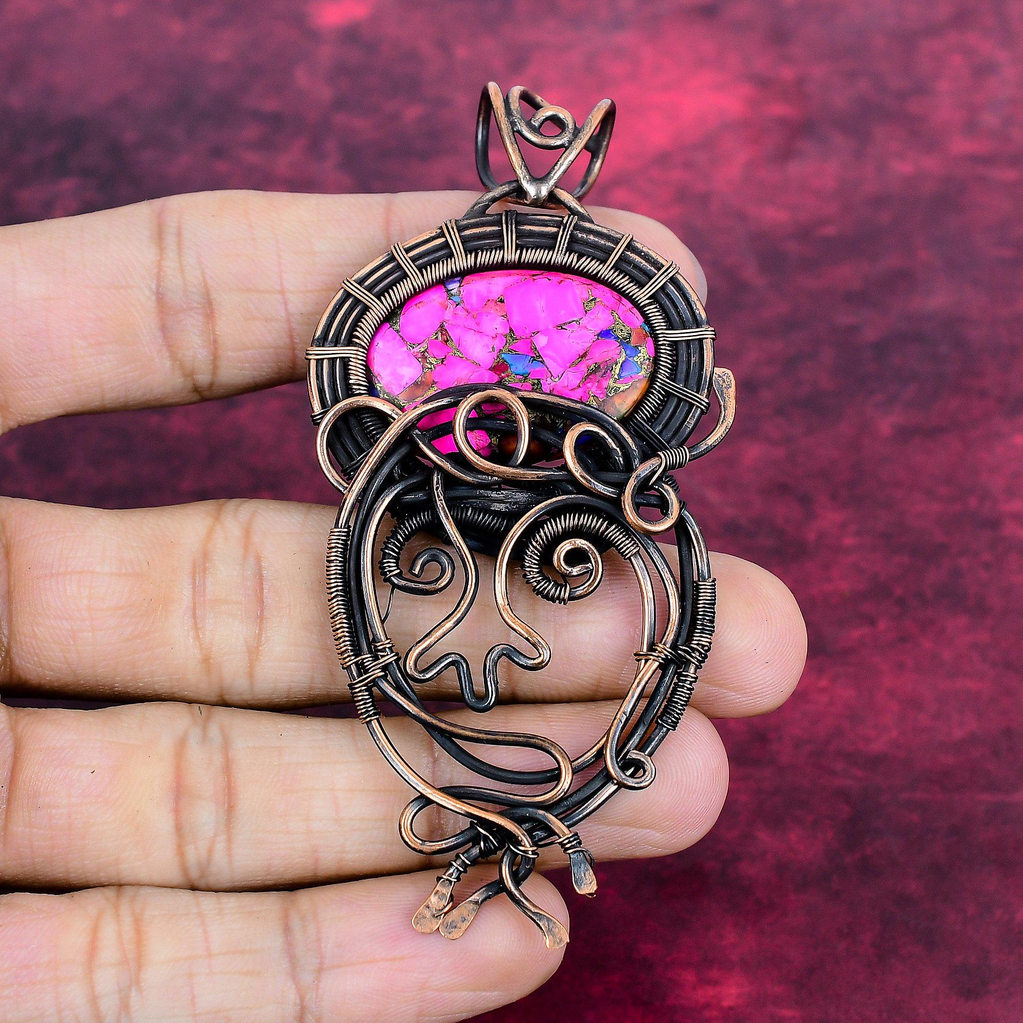 Natural Kingman Pink Dahlia Turquoise Pendant Gemstone Copper Wire Wrapped Jewelry