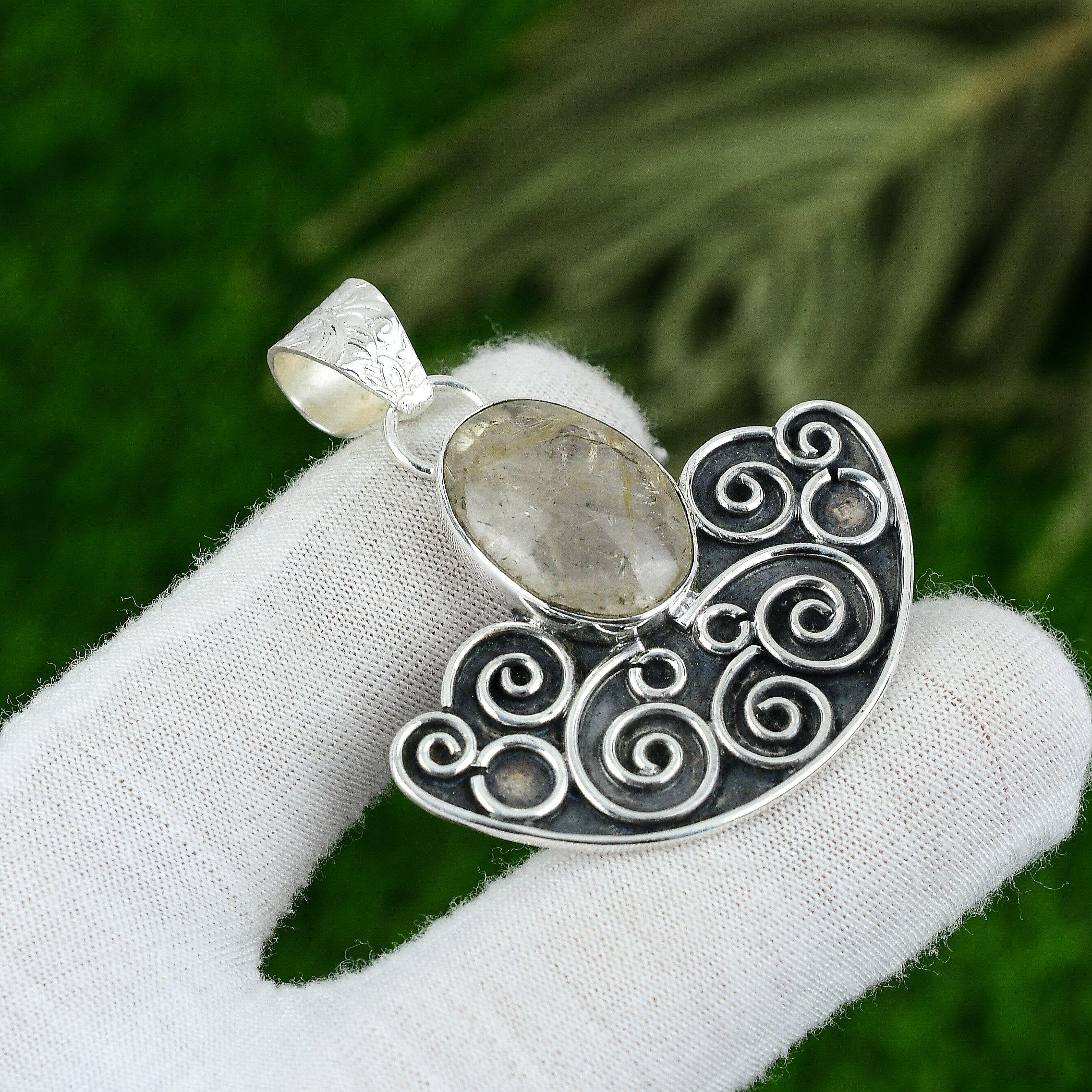 925 Sterling Silver Oval Golden Rutile Stone Birthday Engagement Mother Pendant