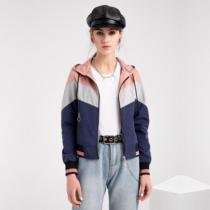 Women Spring Autumn Hooded Long Sleeve Color-block Drawstring Thin Trench Coat S-XXL