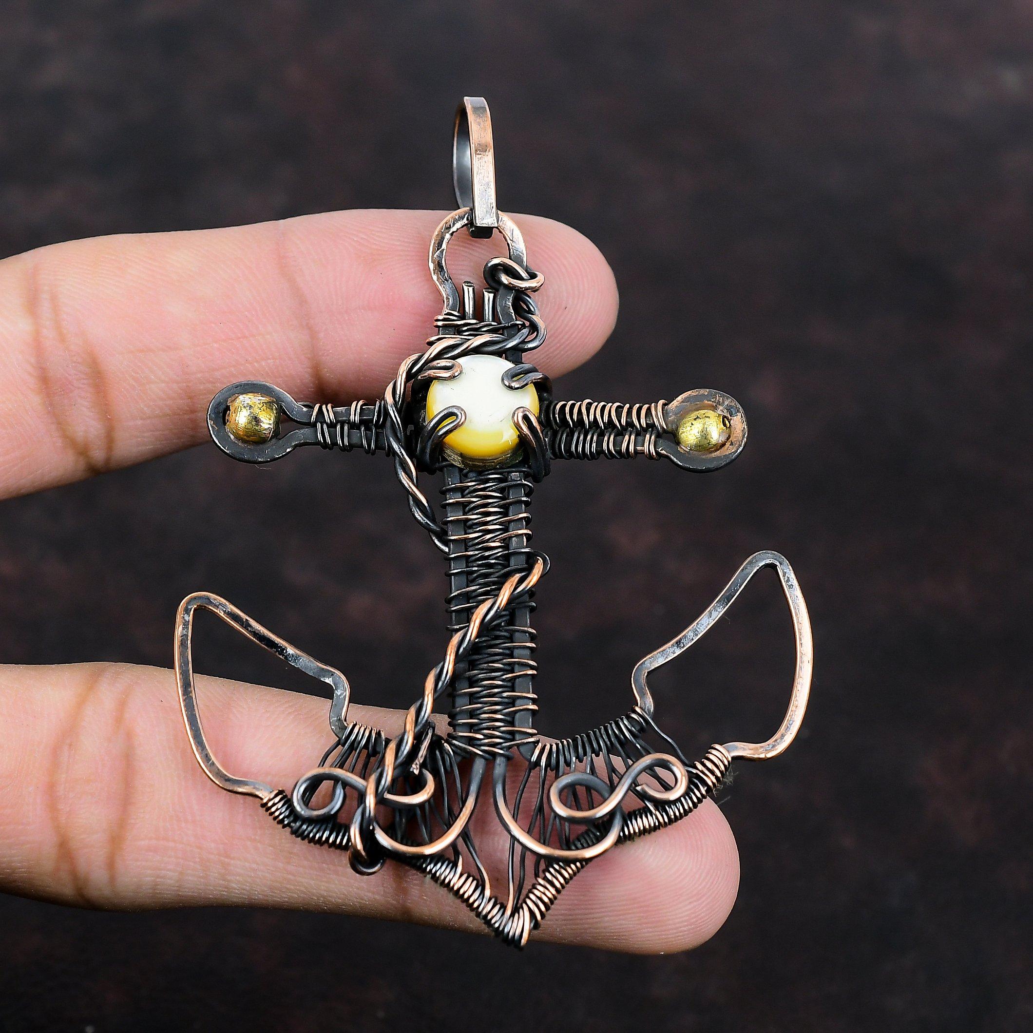 Perlmutt Anhänger Kupferdraht umwickelter Edelsteinanhänger Handgefertigter Kupferschmuck Ankeranhänger Hochzeitsgeschenk Schöner Drahtwickelschmuck