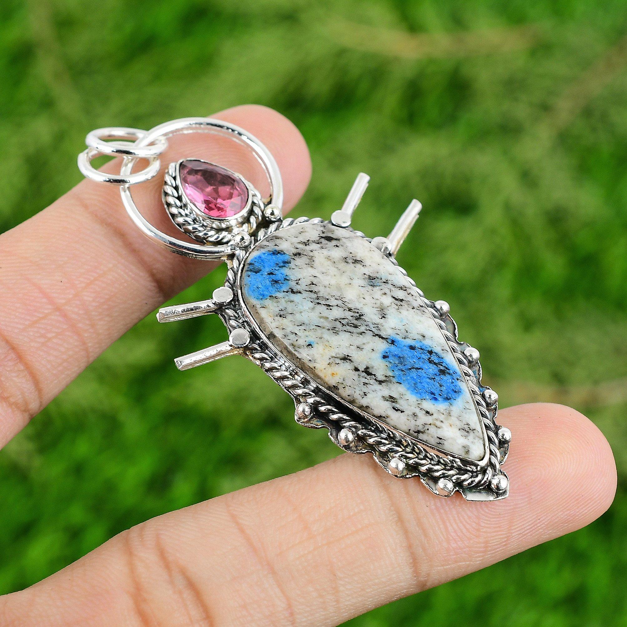 925 Silver K2 Jasper Gemstone Pink Tourmaline Mother Bezel Boho Pendant Jewelry