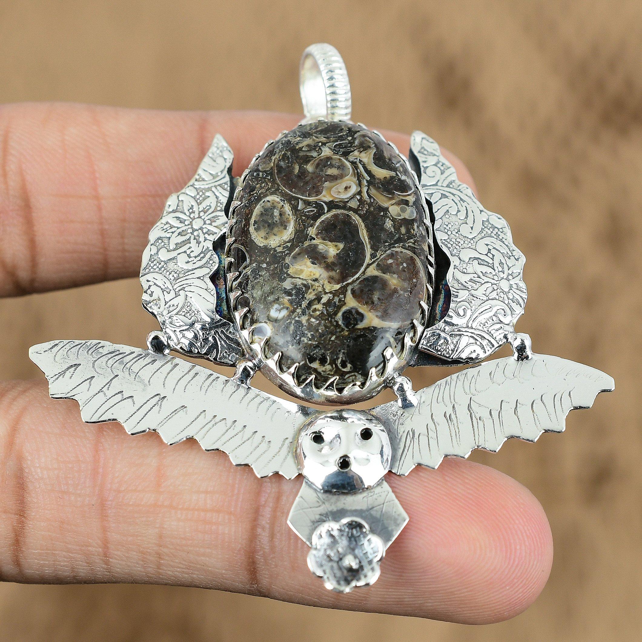 Natural Turritella Agate Gemstone 925 Sterling Silver Pendant Owl For Girls