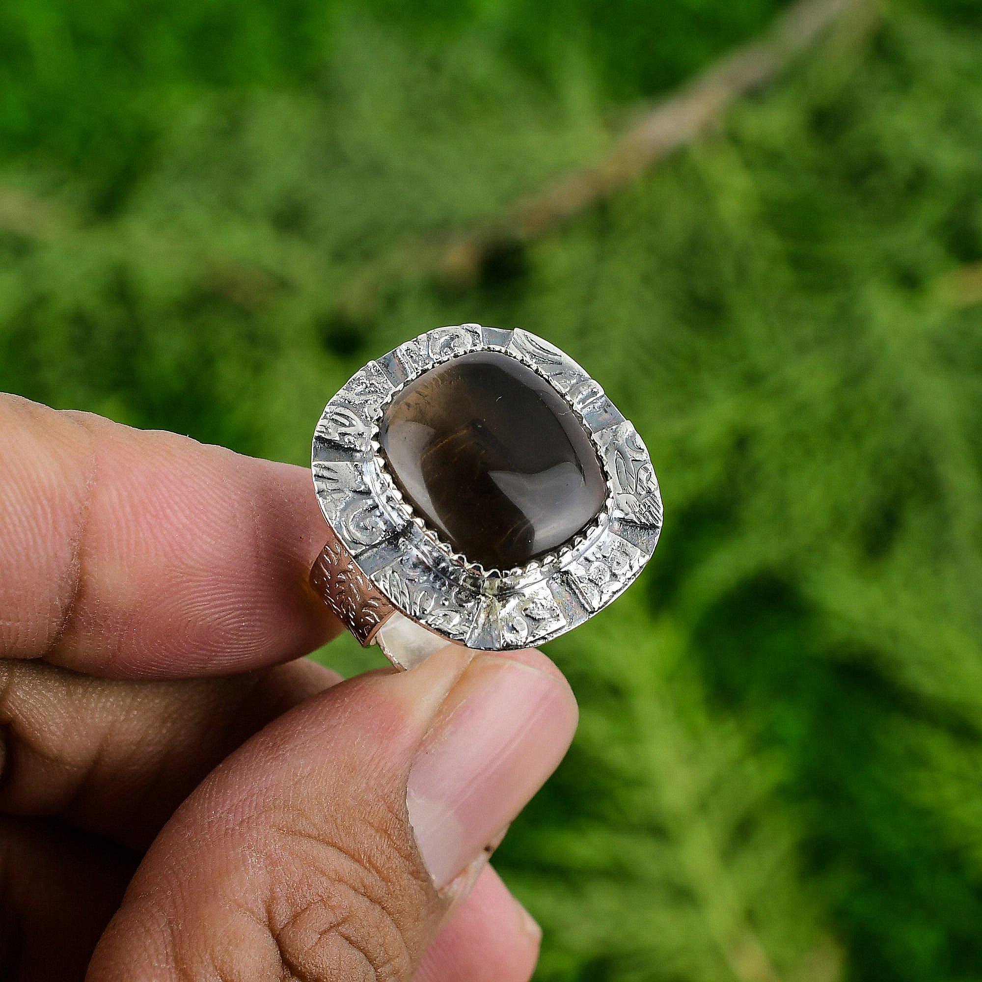 925 Sterling Silver Radiant Smoky Quartz Gemstone Anniversary Boho Ring Jewelry