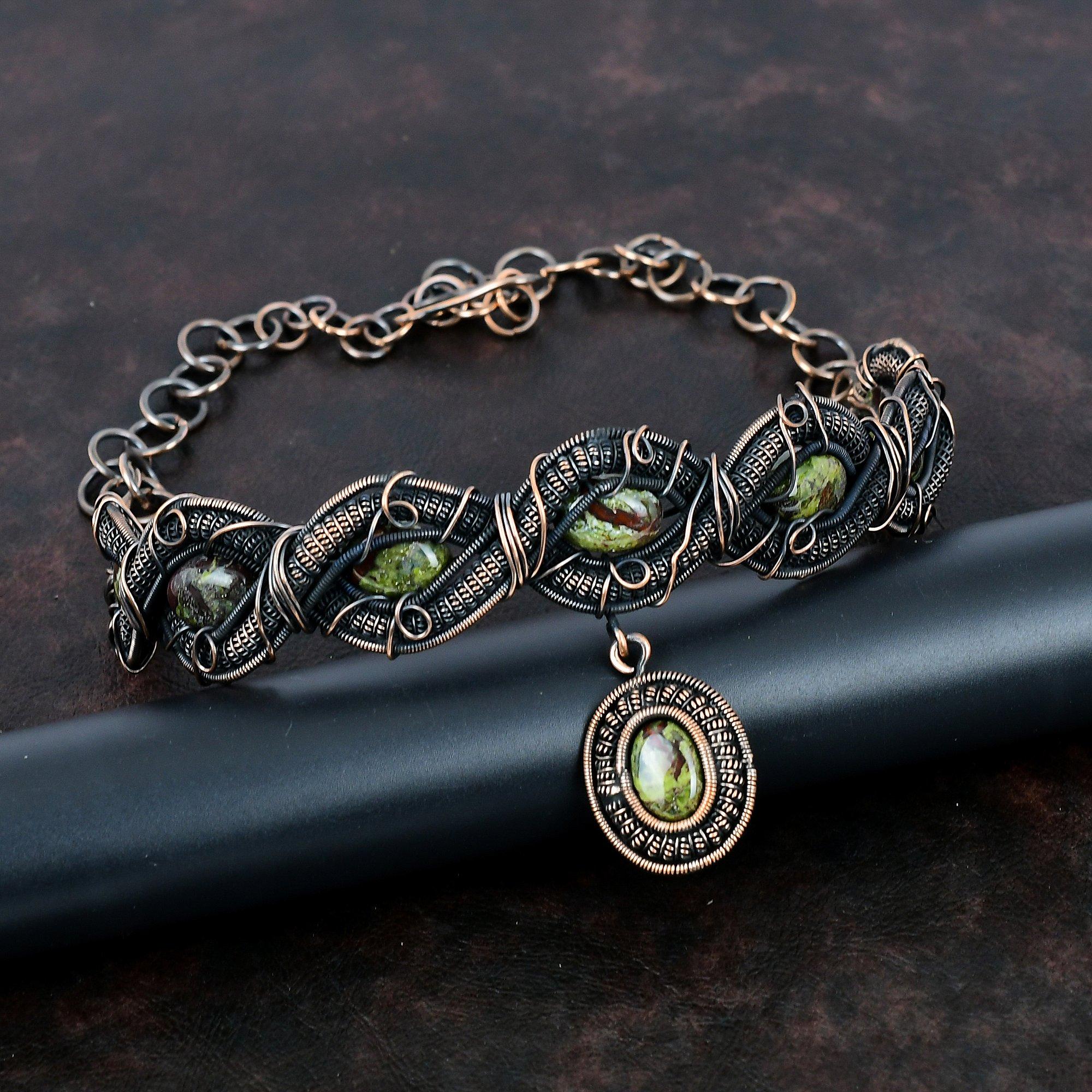 Dragon Bloodstone Necklace Copper Wire Wrapped Necklace Adjustable Chain Necklace Gemstone Copper Wire Jewelry Handmade Necklace For Gifts