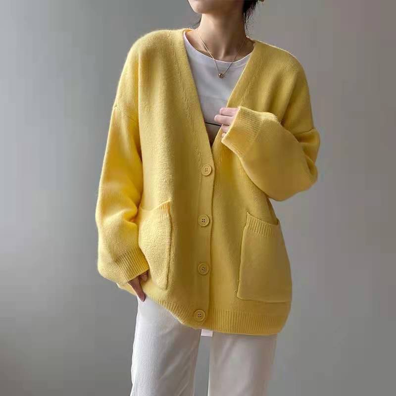 Spring and Autumn New Style, Korean V-neck, Loose Solid Color Knitted Cardigan, Sweater, Women's Coat
