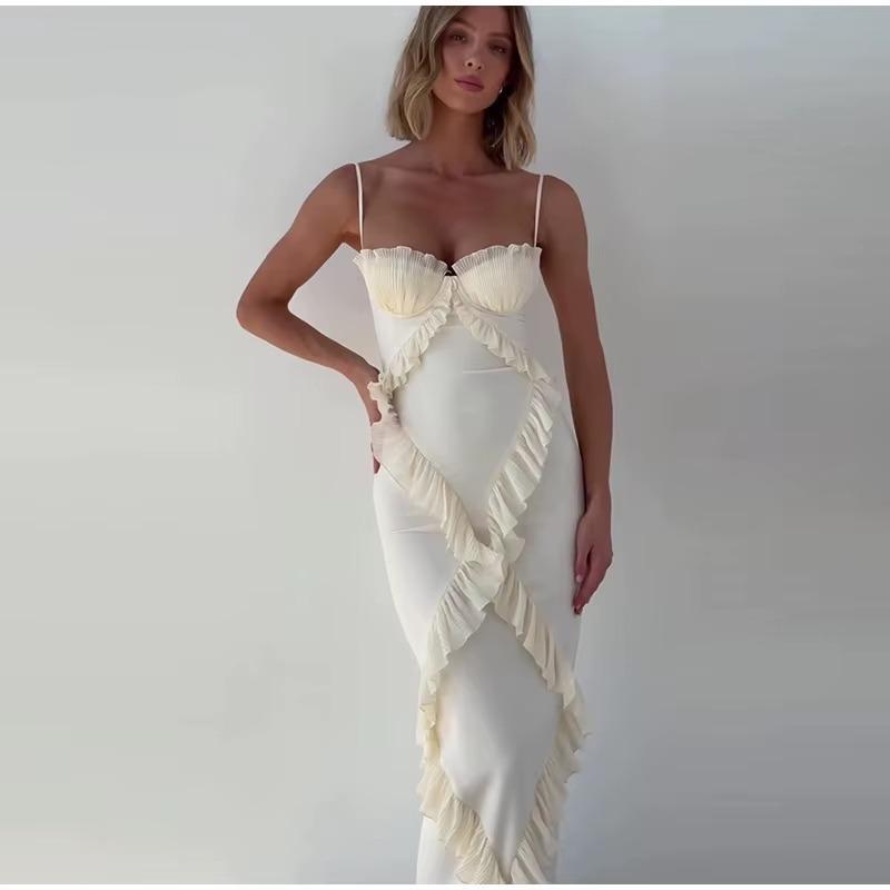 Sexy Lace Sling Long Dress Women Ruffle Spliced High Waist Sleeveless Halter Dresses Spring Summer Lady Vestidos