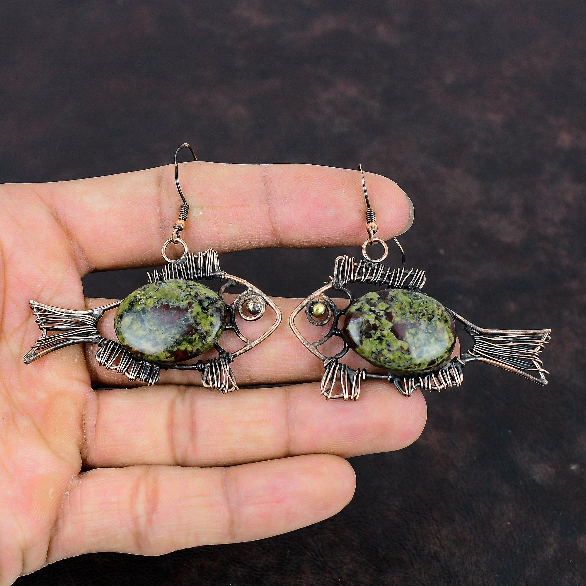 Dragon Bloodstone Earring Copper Wire Wrapped Jewelry Fish Earrings Handmade Real Gemstone Jewelry Copper Wire Wrap Earring Gifts For Mother