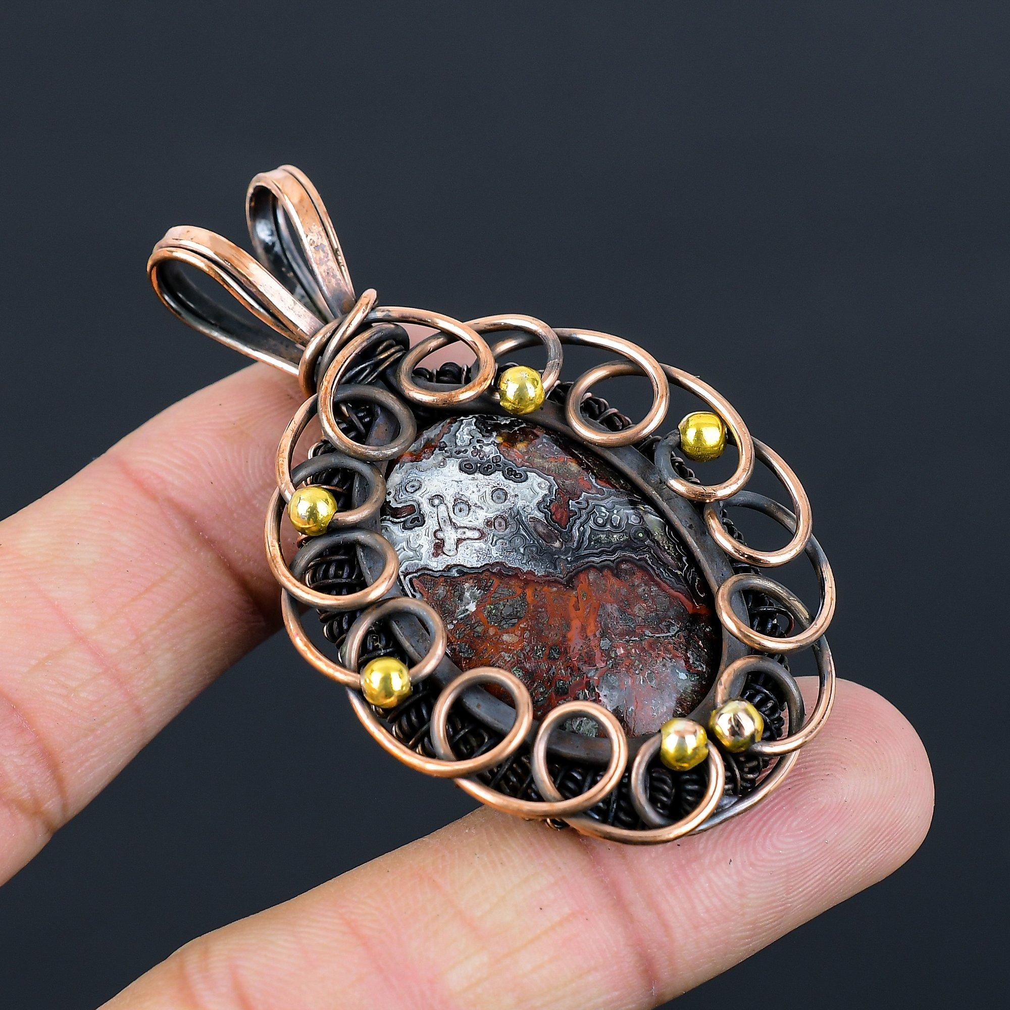Crazy Lace Agate Gemstone Pure Copper Wire Wrapped Handmade Jewelry Pendant For Her