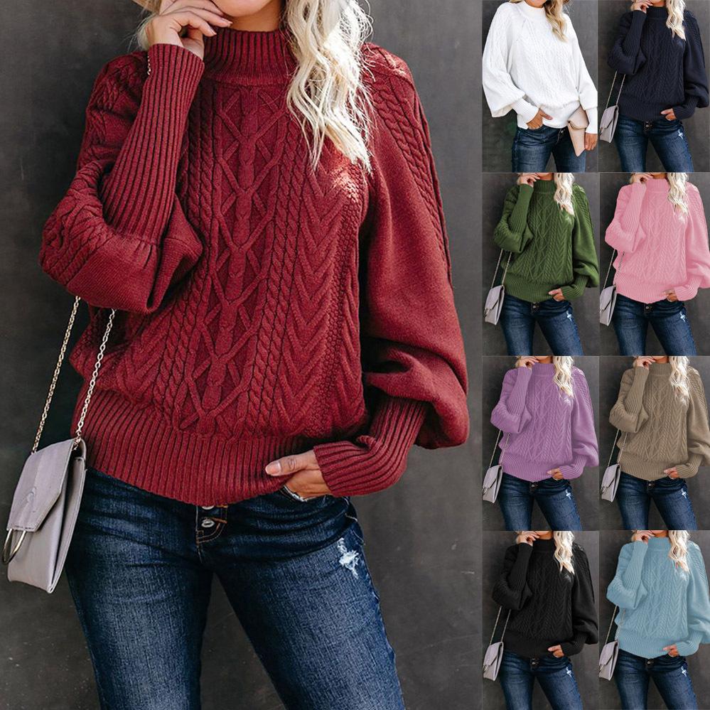 Women's Loose Fit Long Sleeve Knitted Sweater with High Neck 2025 Winter New Mid-neck Sweater Loose Long-sleeved Knitted Solid Color Sweater