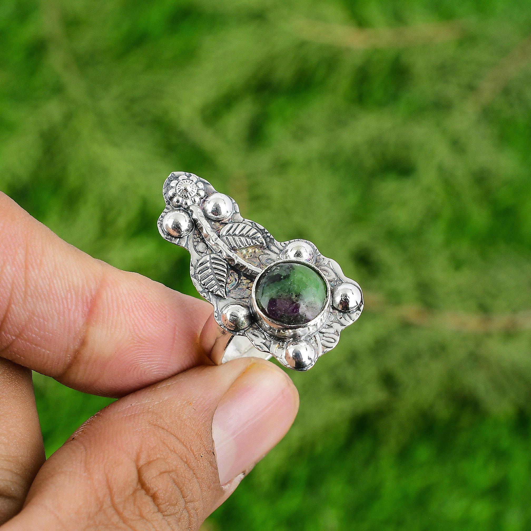 Round Natural Ruby Zoisite 925 Sterling Silver Flower Stackable Engagement Ring
