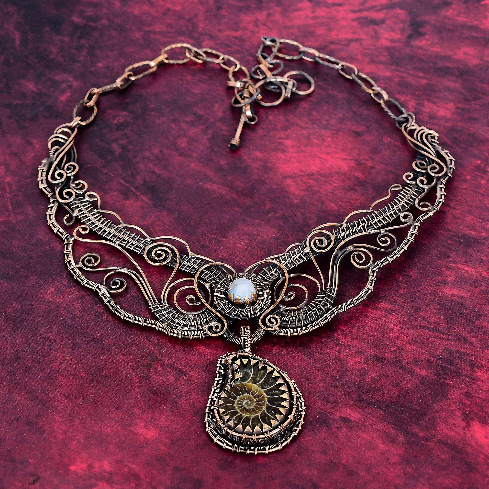 Ammonite Fossil Necklace Rainbow Moonstone Necklace Copper Wire Wrapped Adjustable Necklace