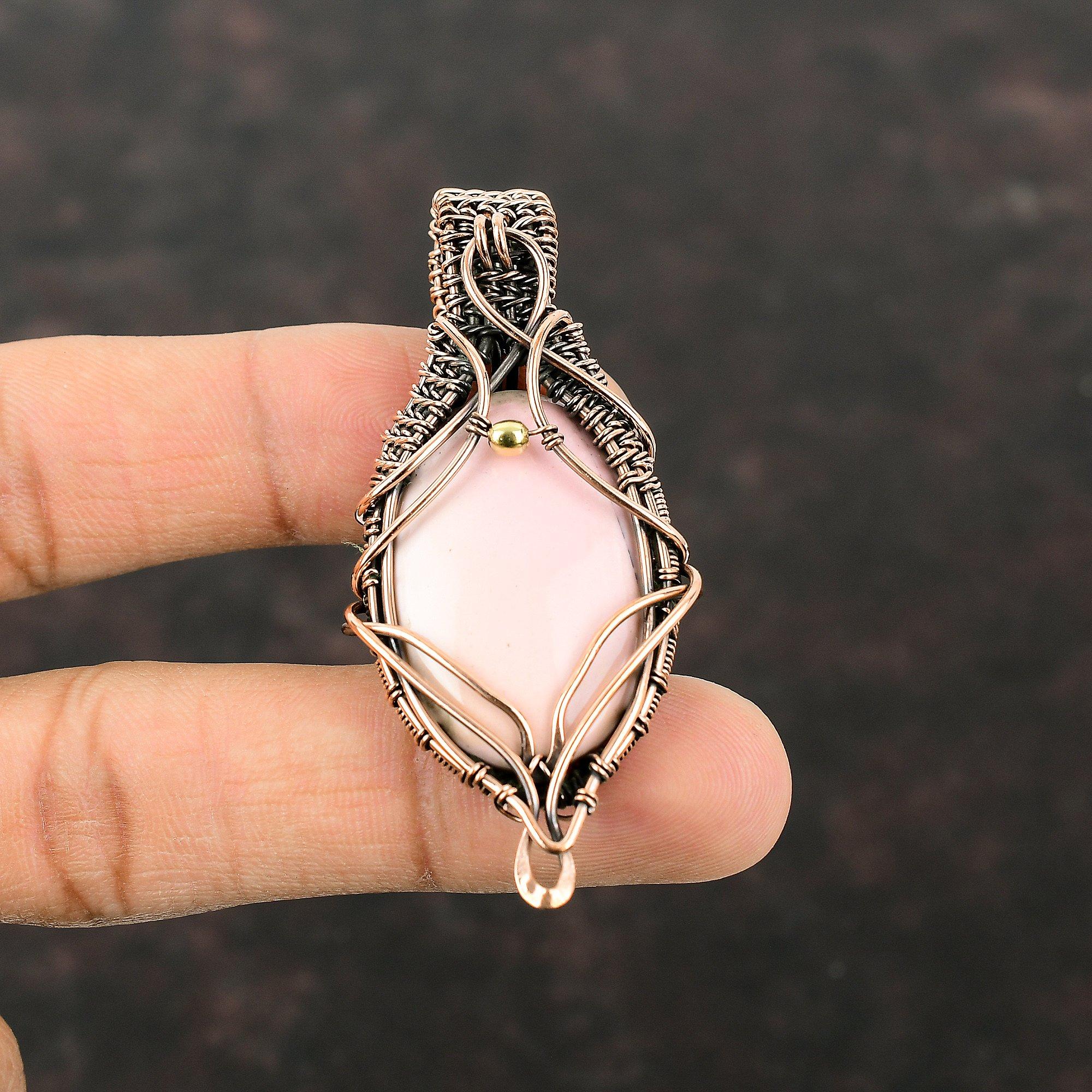 Rosa Opal Anhänger Kupferdraht gewickelter Anhänger Edelstein Kupferschmuck Handgefertigt Designer Anhänger Drahtwicklung Rosa Opal Schmuck Anhänger Zum Geschenk