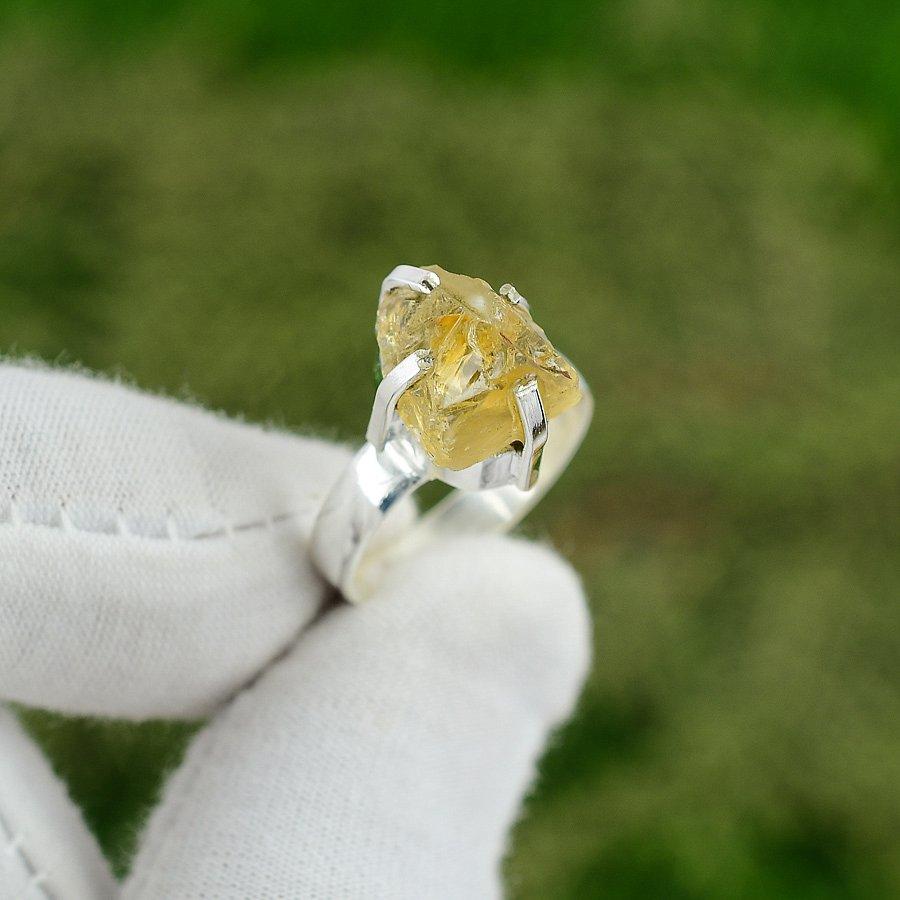 Bague Solitaire Naturelle Citrine Brute Argent 925 Novembre Naissance Bijoux Taille 6.5