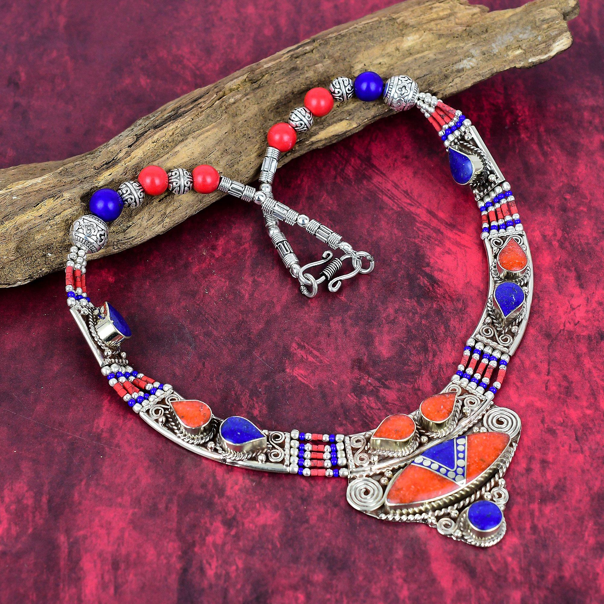Lapis Lazuli, Coral Gemstone 925 Sterling Silver Necklace , Silver Jewelry Bohemian Antique Necklace, Handmade Jewelry Nepali Necklace Gift For Wife