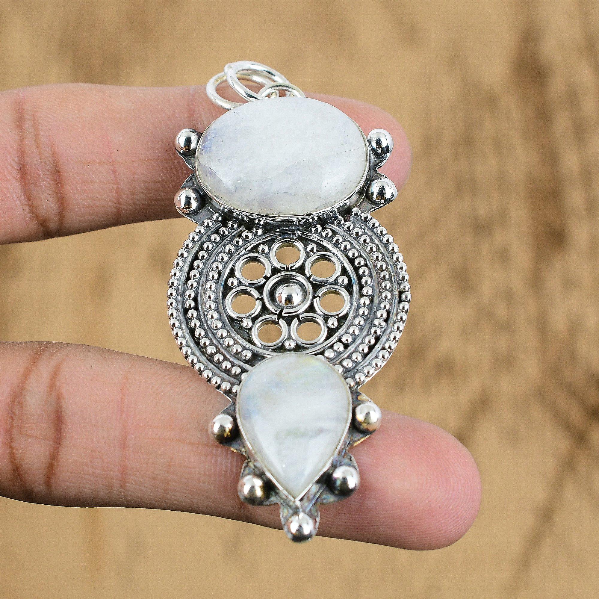 925 Sterling Silver Rainbow Moonstone Gemstone Art Deco Anniversary Wife Pendant