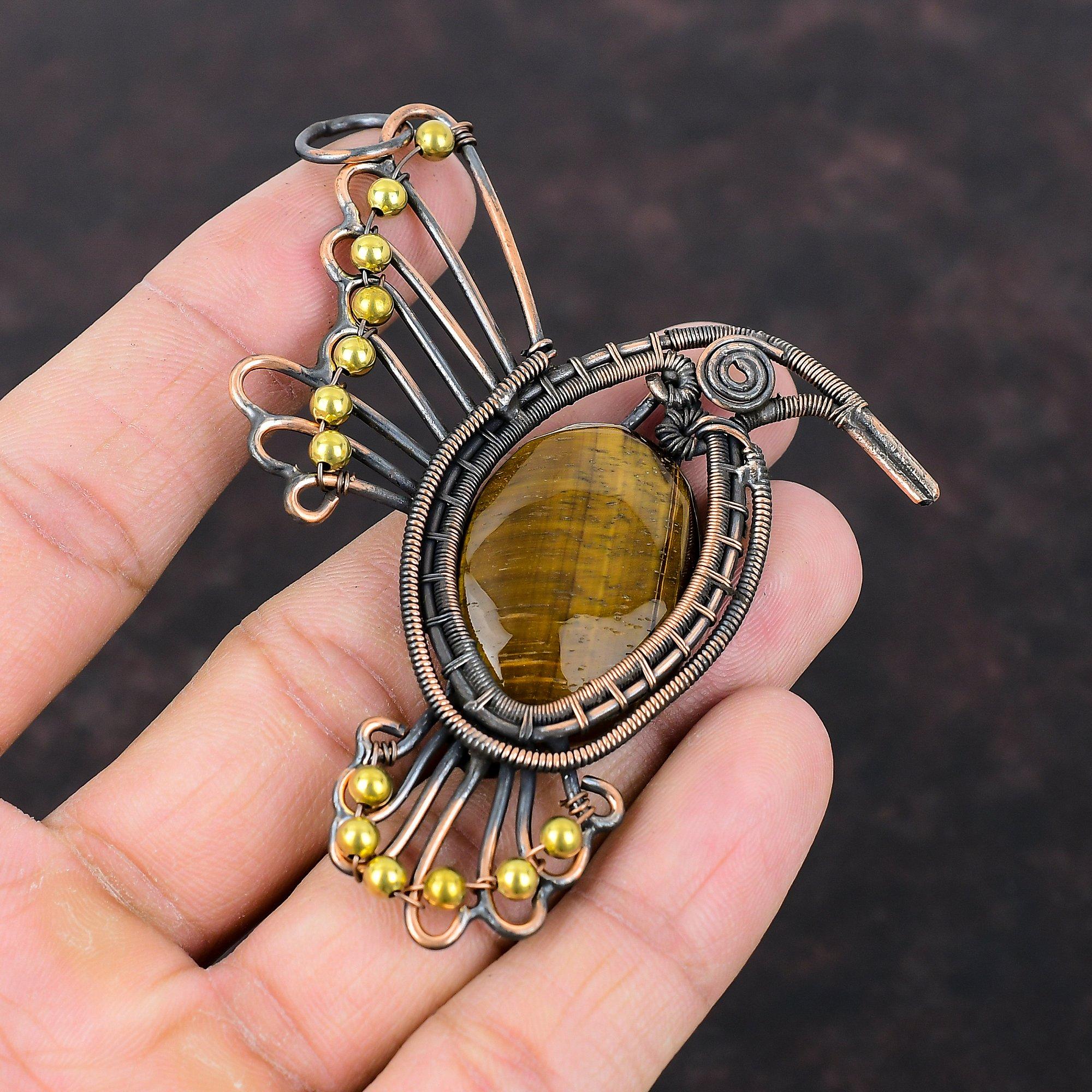 Tigerauge Anhänger Kupferdraht gewickelt Anhänger Vogel Anhänger Unikat Kupfer Design Schmuck Handarbeit stylischer Anhänger Edelstein Schmuck als Geschenk