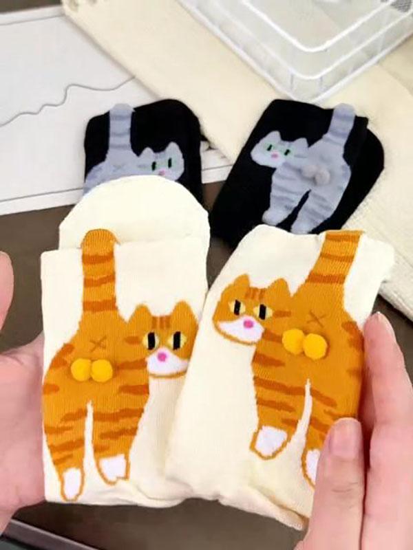 2 Pairs Cartoon Cute Cat Balls Cotton Socks Kawaii Lolita Knitting Socks Women Girls Middle Tube Sleep Sock Cat Print Floor Sock