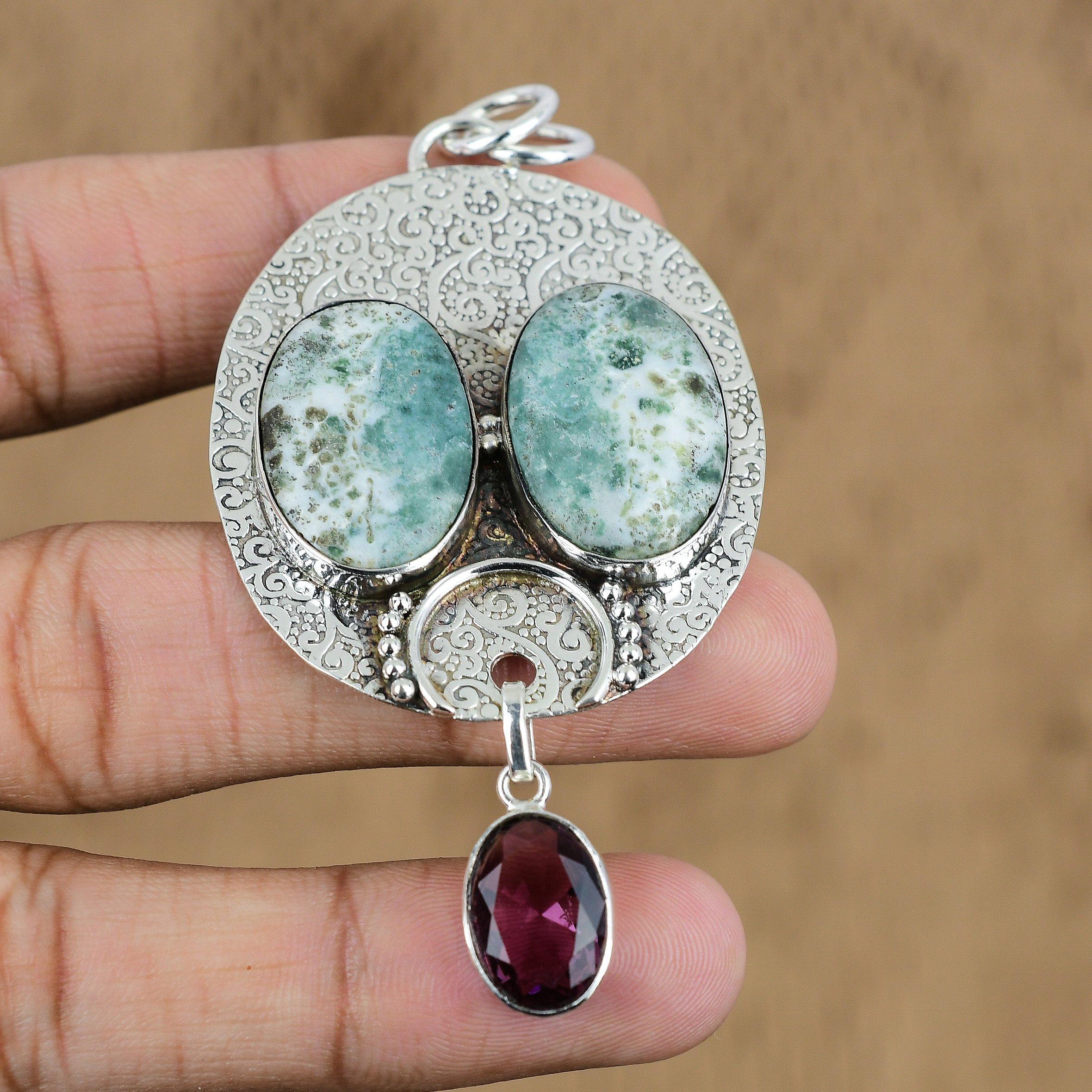 Wedding Gift For Her 925 Sterling Silver Natural Tree Agate Gemstone Pendant