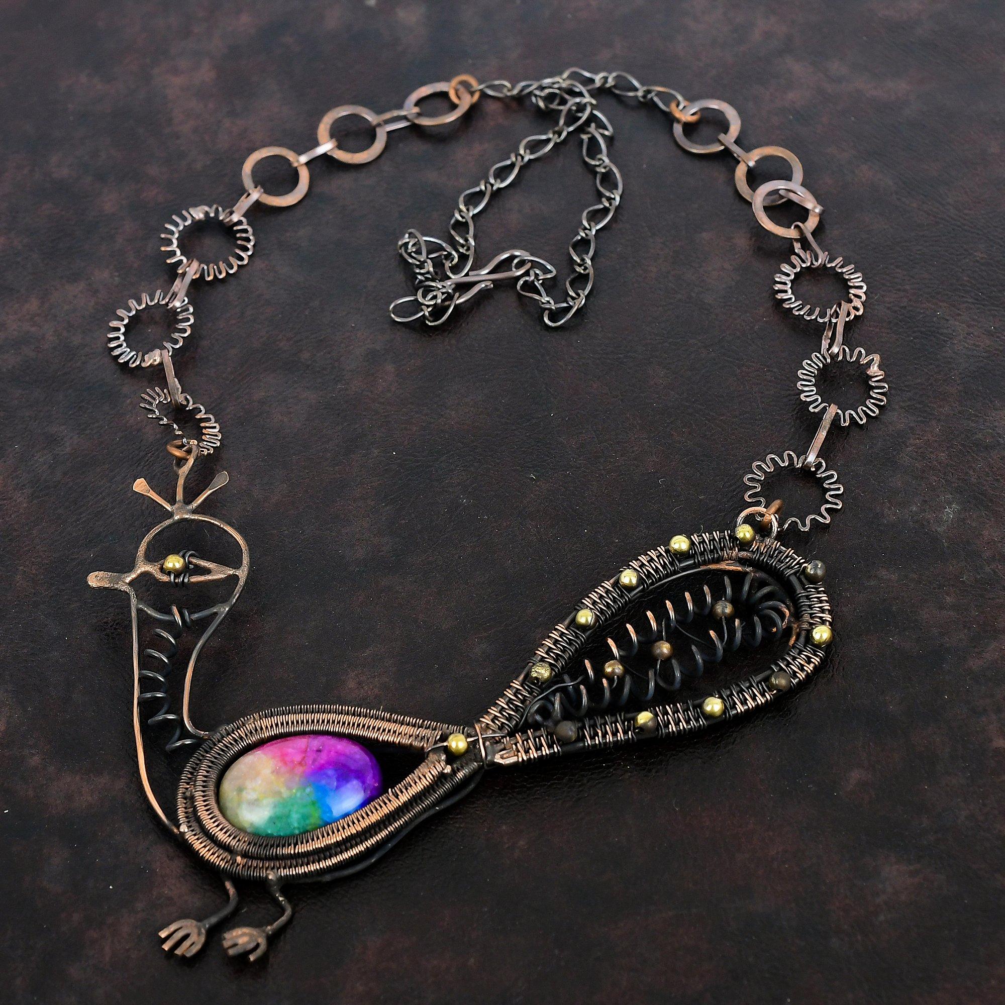 Regenbogen-Solarquarz-Druse Halskette Kupferdraht-umwickelte Halskette Verstellbare Halskette Kupferdraht Pfauenschmuck Handgefertigte Edelstein Halskette