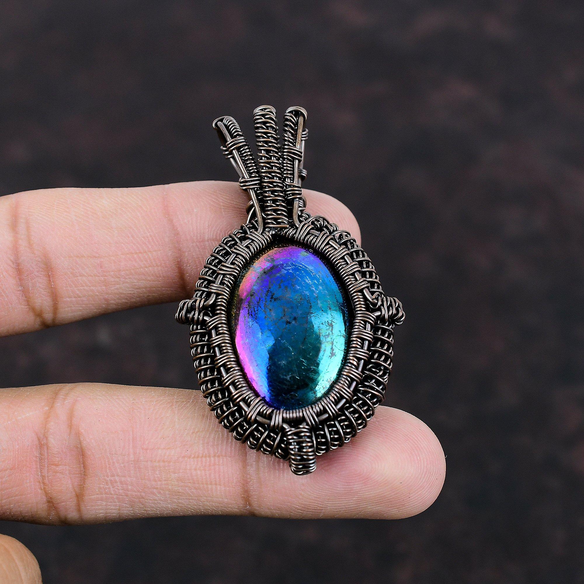 Mystischer Feuer Labradorit Anhänger Kupferdraht umwickelter Edelsteinanhänger Handgefertigter Kupferschmuck Einzigartiger Anhänger Drahtwickelschmuck Geschenk für Frauen