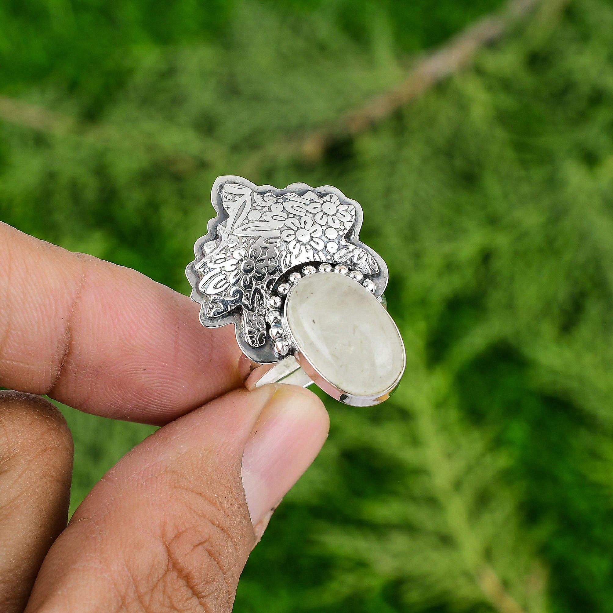 925 Sterling Silver Rainbow Moonstone Stone Handcrafted Trendy Wife Promise Ring