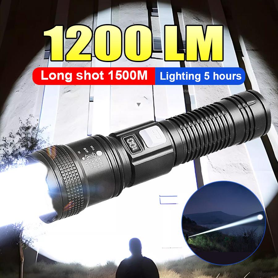 Latarka LED o dużej mocy 1200 lm, ładowalna, mocna latarka, daleki zasięg, 1500 m, z wbudowaną baterią