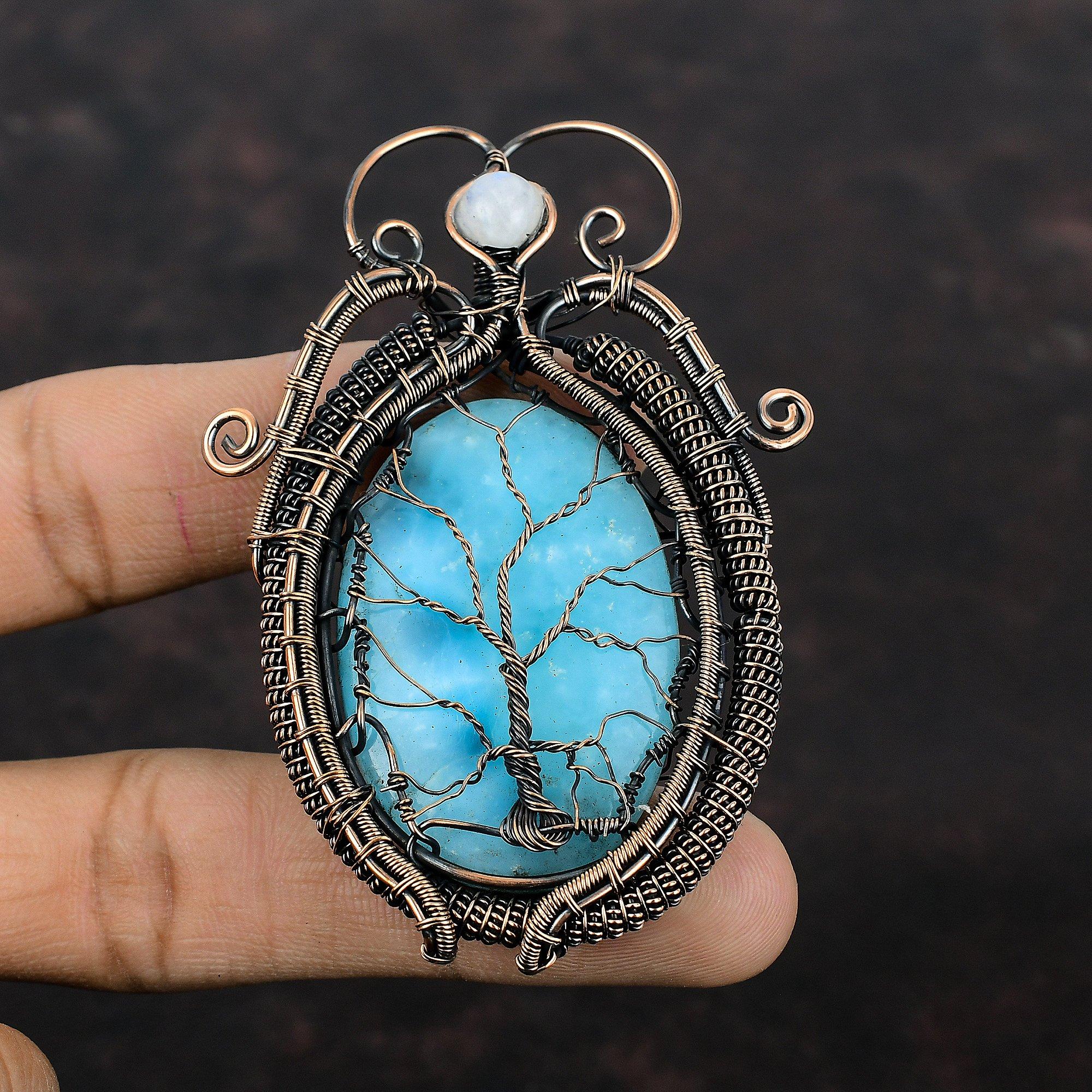 Pendentif arbre de vie en larimar, pendentif en fil de cuivre enveloppé, pendentif en pierre de lune arc-en-ciel, bijoux en cuivre pour cadeau, bijoux anciens faits à la main