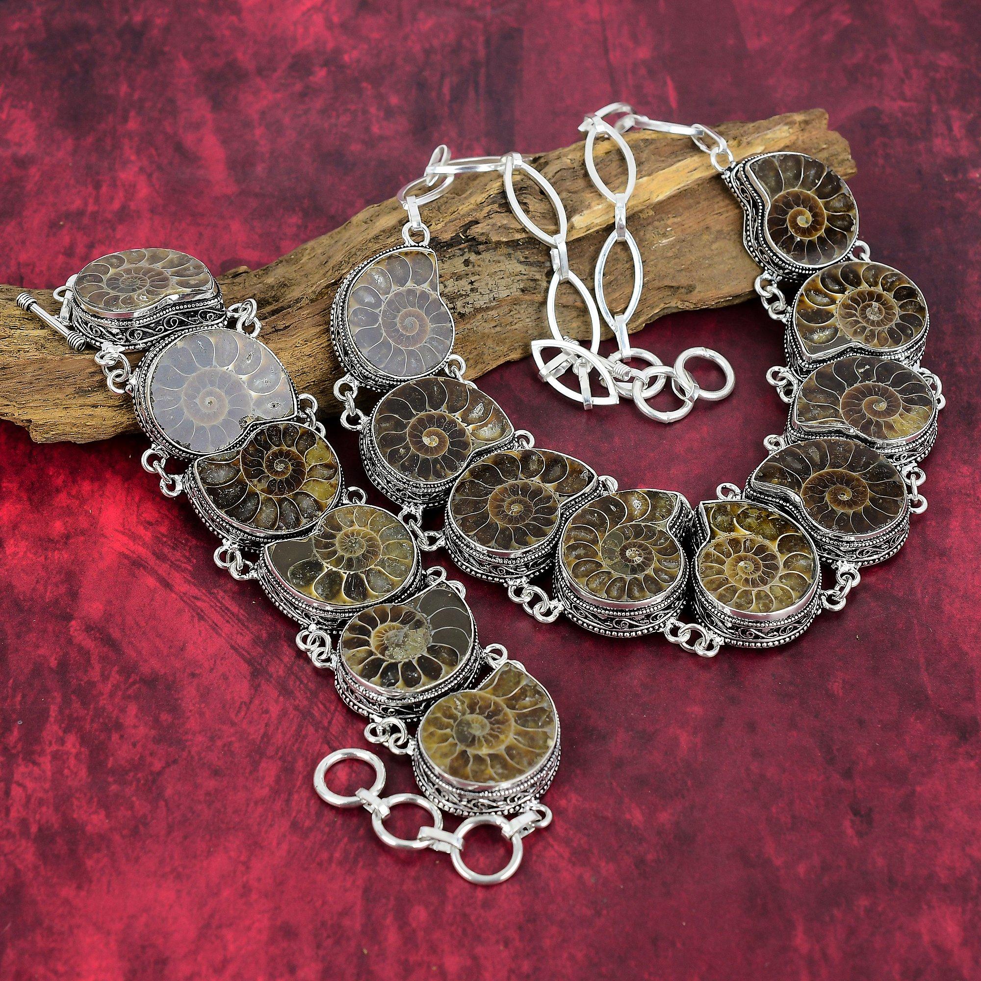 Bijuterii cu pietre prețioase fosile de amonit, bijuterii din argint solid 925 realizate manual, set unic de bijuterii pentru brățară și colier pentru ea